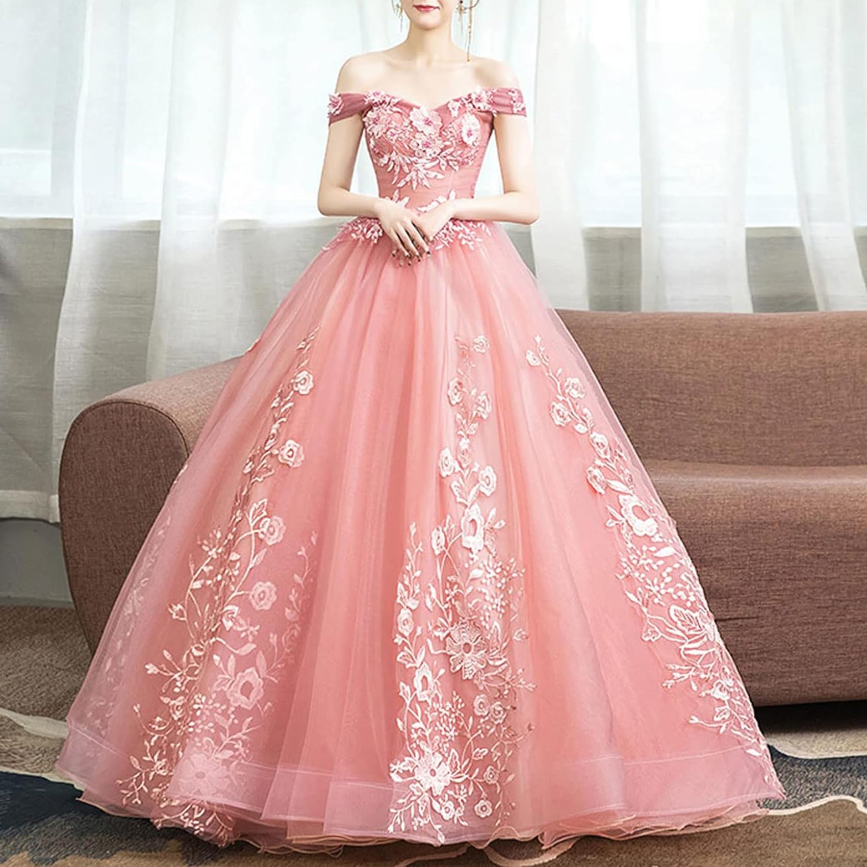 DJFOG Damen-Abendkleid, eine Schulter, Elegantes Tüll-Ballkleid mit Applikationen, Maxi-Party-Hochzeitskleider, langes, perlenbesetztes Party-Bankett-Kleid