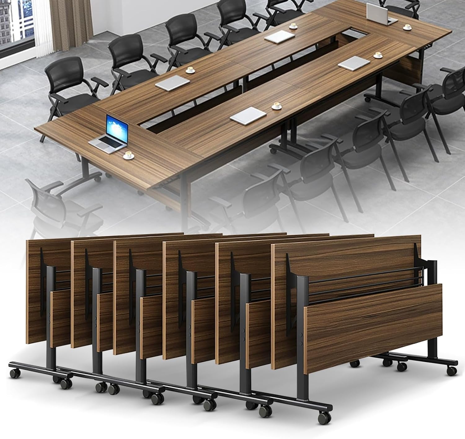 AKSOUDEW Conference Table, Folding Conference Room Tables with Flip-Top Design, with Caster Rectangular Modular Conference Room Table, for Office