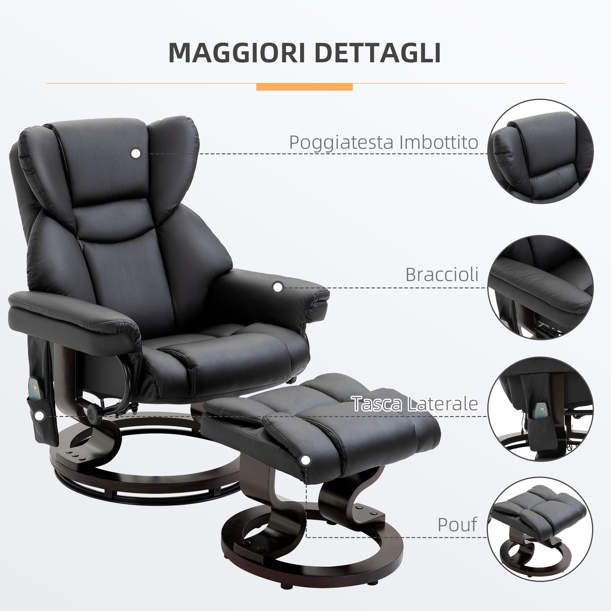 HOMCOM Poltrona Relax Elettrica con Pouf Poggiapiedi e Funzione Massaggio, Poltrona Reclinabile a 145° con Seduta Girevole a 360°, Rivestimento Finta Pelle, Nero