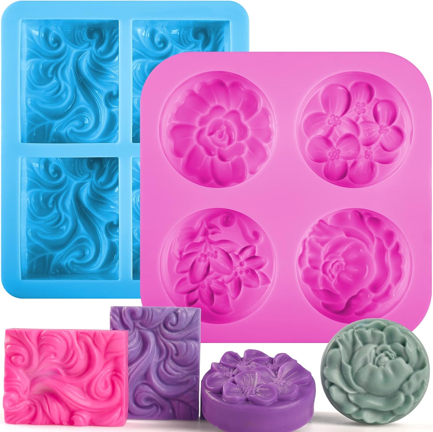 Sakolla 2 Pack Silicone Soap Molds 6 Cavities Rectangle Round Soap