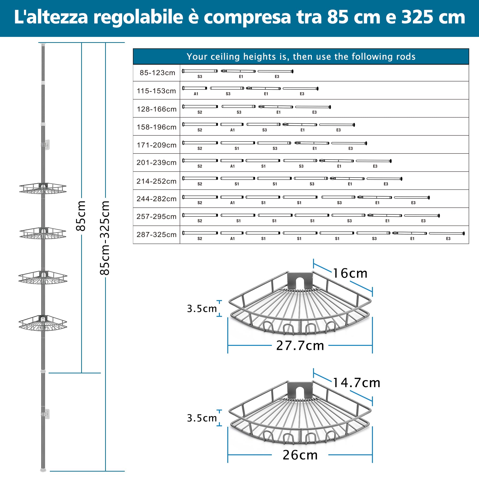 Mensola Doccia Telescopic Porta Sapone Bagno Angolare Senza Foratura con 4 Ripiani, Acciaio Inossidabile Regolabile 85-325cm, per Vasca da Bagno, Bagno, Doccia e Cucina, Grigio