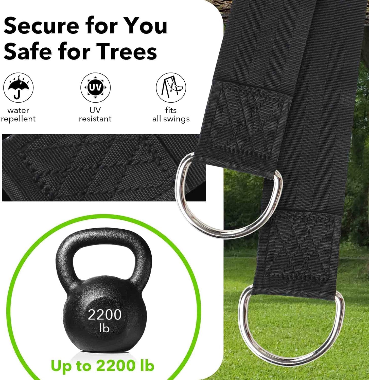 Cinghie per Amaca 150cm × 5cm Cinghie per Altalena Contiene Fino a 800kg Fissaggio per Amaca Altalena Esterno con 2 Moschettoni e 1 Borsa per Amache da Giardino e Altalene da Campeggio
