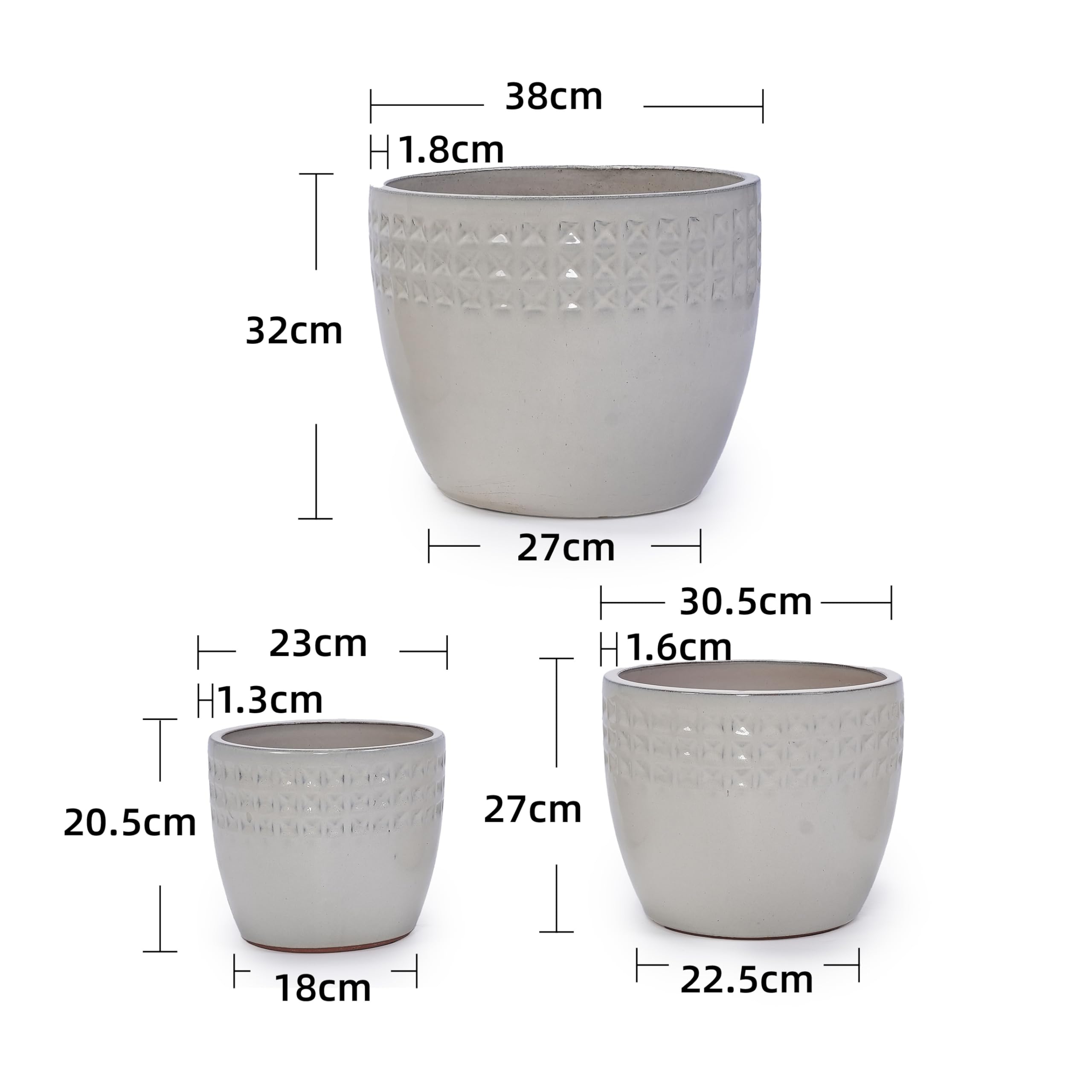 Set di 3 vasi da fiori in ceramica fatti a mano, diametro 38,1/30,5/22,9 cm, fioriera grande per esterni, con drenaggio, per interni ed esterni, terrazza, decorazione da giardino per esterni