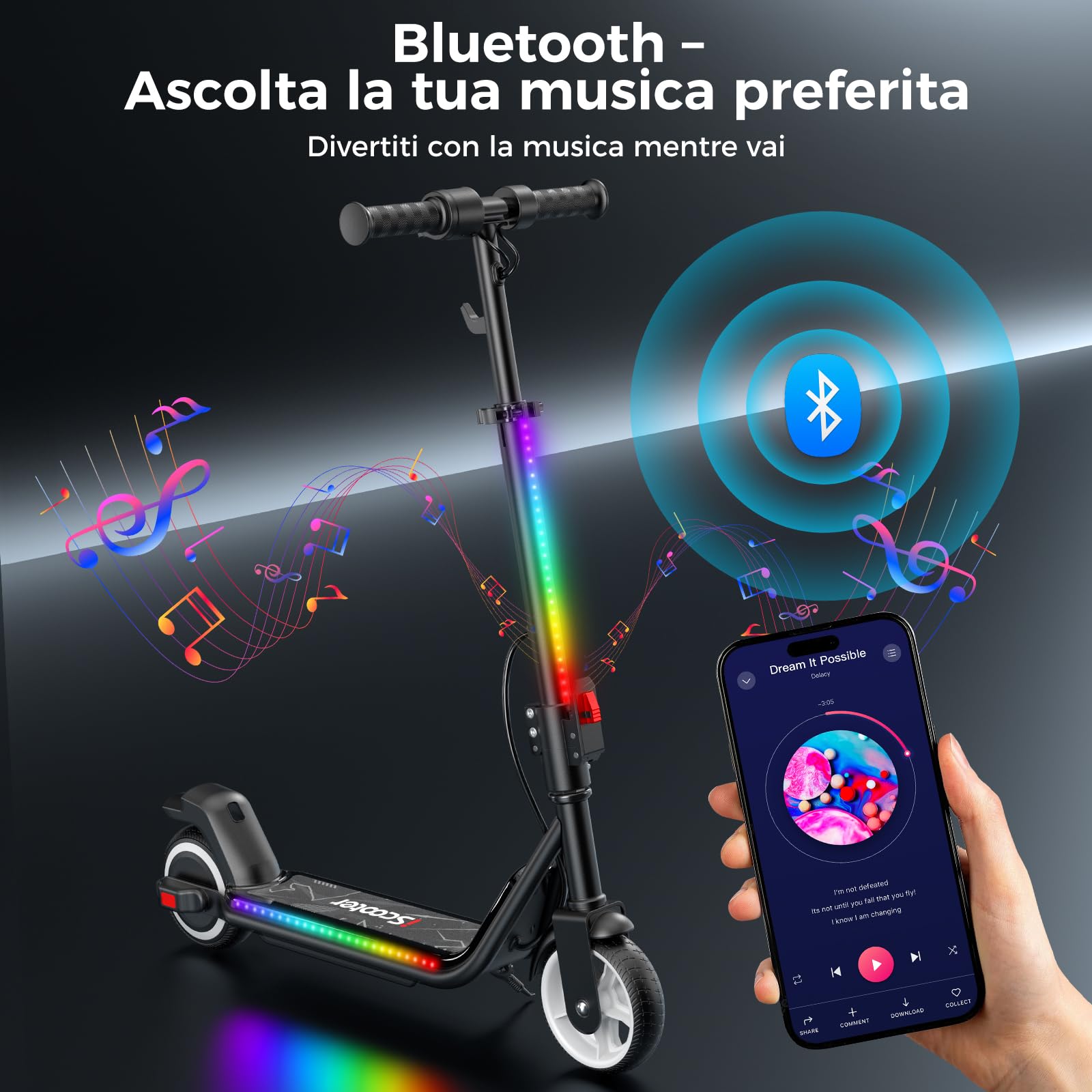 iScooter IK3MAX Monopattino Elettrico Bambini 6,5" Pieghevole,Per 8-15 Anni,Velocità 8/13/19 km/h,Autonomia 13km,Schermo LED,Luci Colorate,Bluetooth,Clacson,Manubrio Regolabile