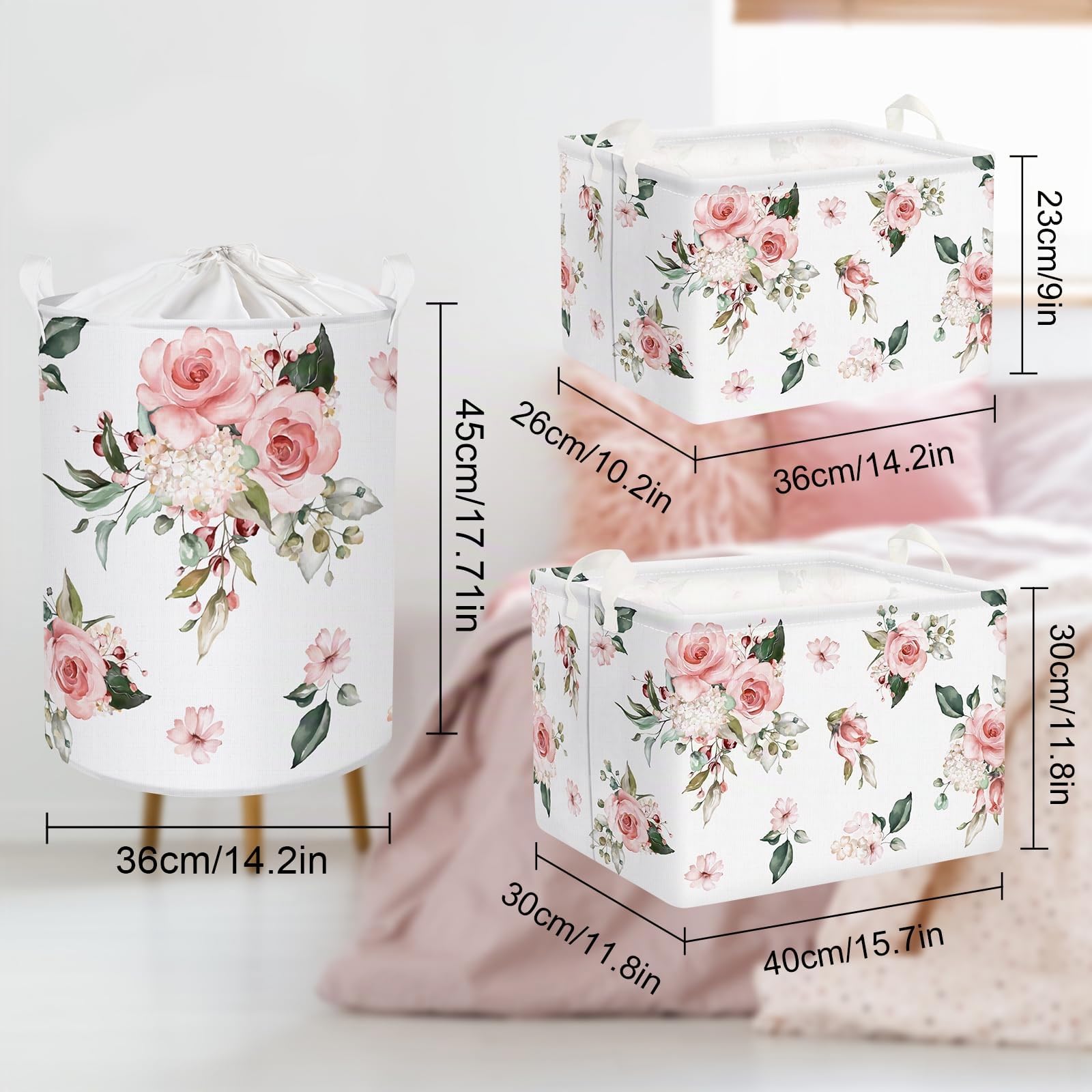 Clastyle Paniers Rangement Elégante Fleur Blanche Rose Boîtes de Rangement Cubique pour la Chambre des Enfants, 36x26x23 cm