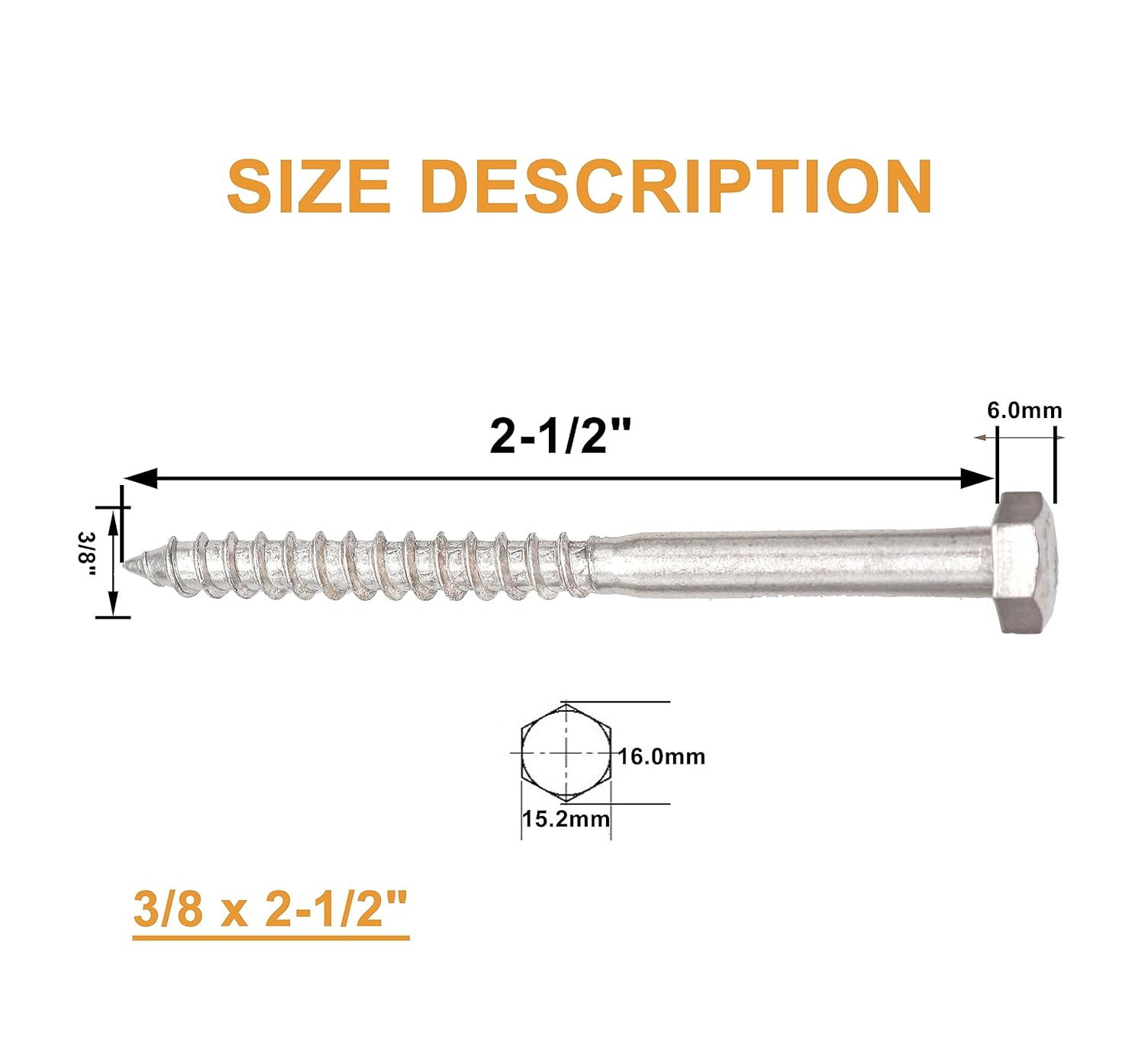 binifiMux 20-Pack 3/8 in. x 2-1/2 in. Hex Cap Head Lag Screws Bolts, Grade 8 18-8 Stainless Steel