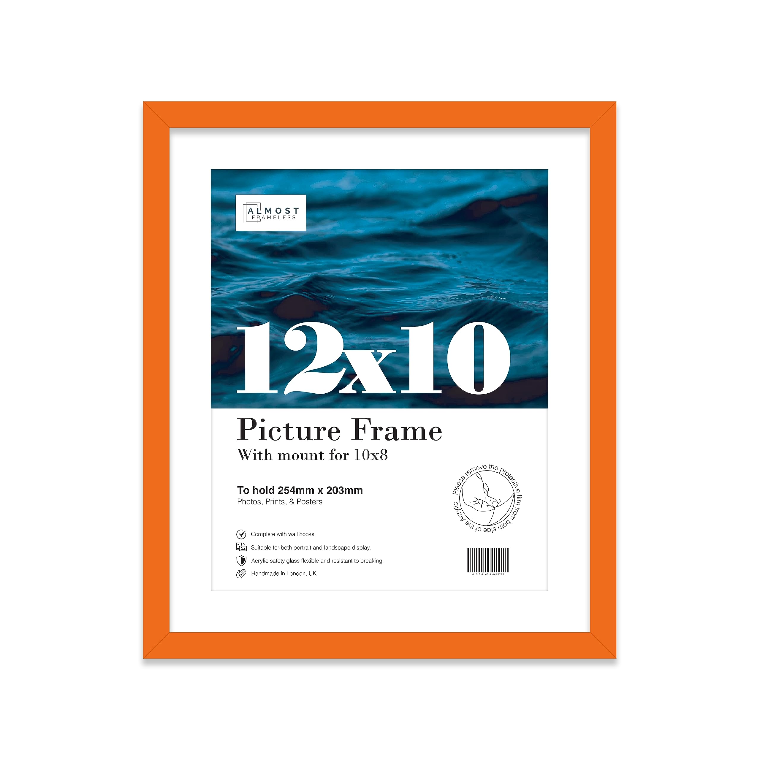 Almost Frameless 12x10 Orange Picture Frame With Mount for 10x8 Print, Poster or Photo Poster, Photo, Artwork, or Print. Thin Edge Slim Frame Portrait and Landscape Display with Wall Hooks