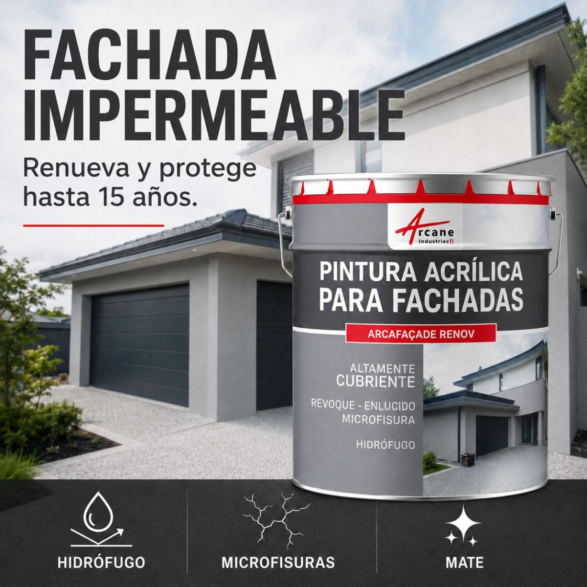 ARCANE INDUSTRIES Pintura Acrílica para Fachada y Crépi 2.5 L Blanco Crema | Impermeabiliza Fachadas, Cubre las Microfisuras, Microporosa, Alto Poder Cubriente, Acabado Mate - Arcane Industries