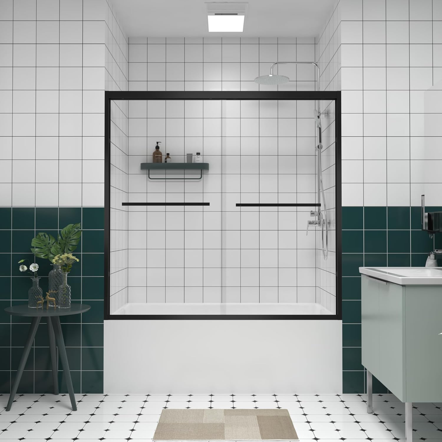 Bathtub Screen, Aluminum Frame Double Sliding Shower Door, Glass, Matte Black, 56-60"x58", Modern, Easy Install, 79.37 Pounds