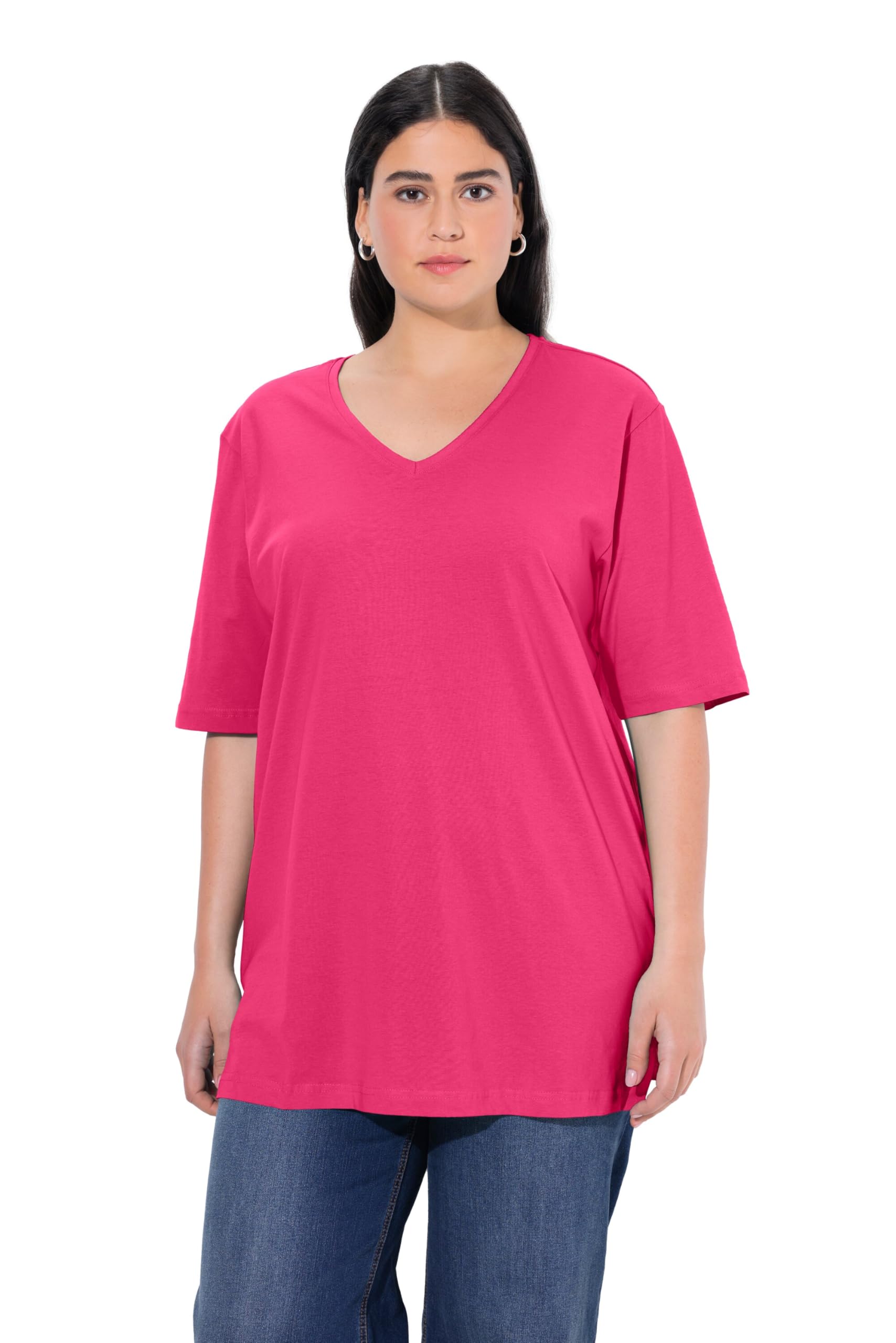 Ulla Popken Women's Basic Shirt, V-Ausschnitt, Relaxed, Halbarm Shirt, magentapink, Regular