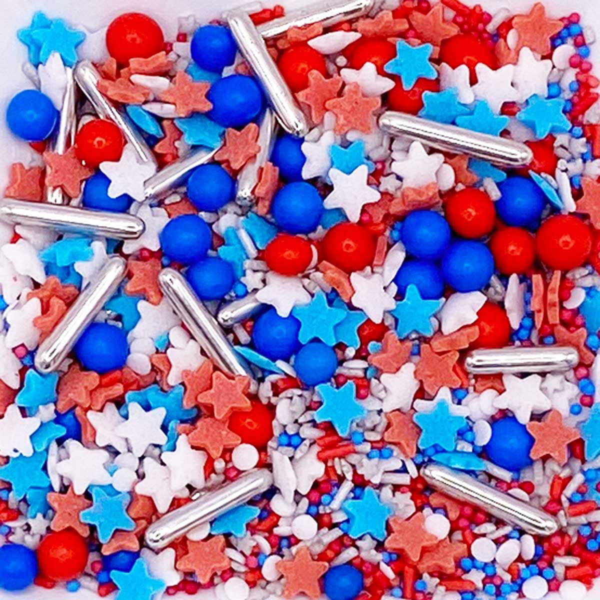 Sprinkletti - Stars and Stripes- 30g Cake Topper Sprinkles - Chocoballs, Rods, Balls, Strands And Sugar Star Shapes - Edible Cake Decorations - Birthday Cake Sprinkles