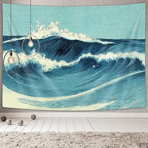 Miniatura 1 de Tapiz retro oceánico para colgar en la pared, tapiz vintage azul acuarela olas del océano, tapiz de pared japonés de olas de mar, tapiz indio para