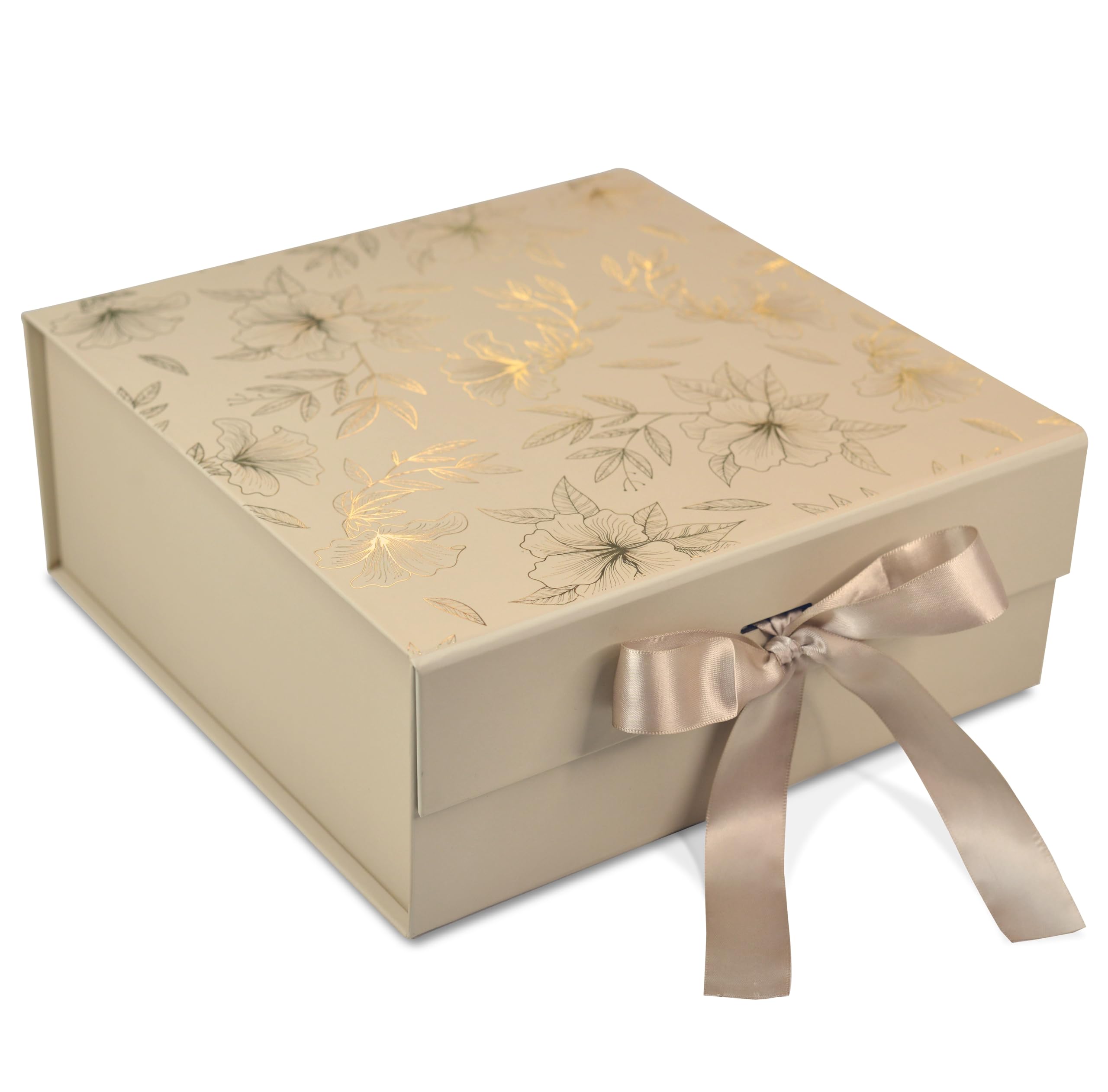 RBS®-MEDIUM Gift Box for Packaging 26 x 26 x 10 cm Decorative Gift Packing Box with Floral Foil Design (1 Pack) Holds Upto 8 kg Ideal for Gift Hamper Box Empty and All Occasions (Medium Beige Gold)