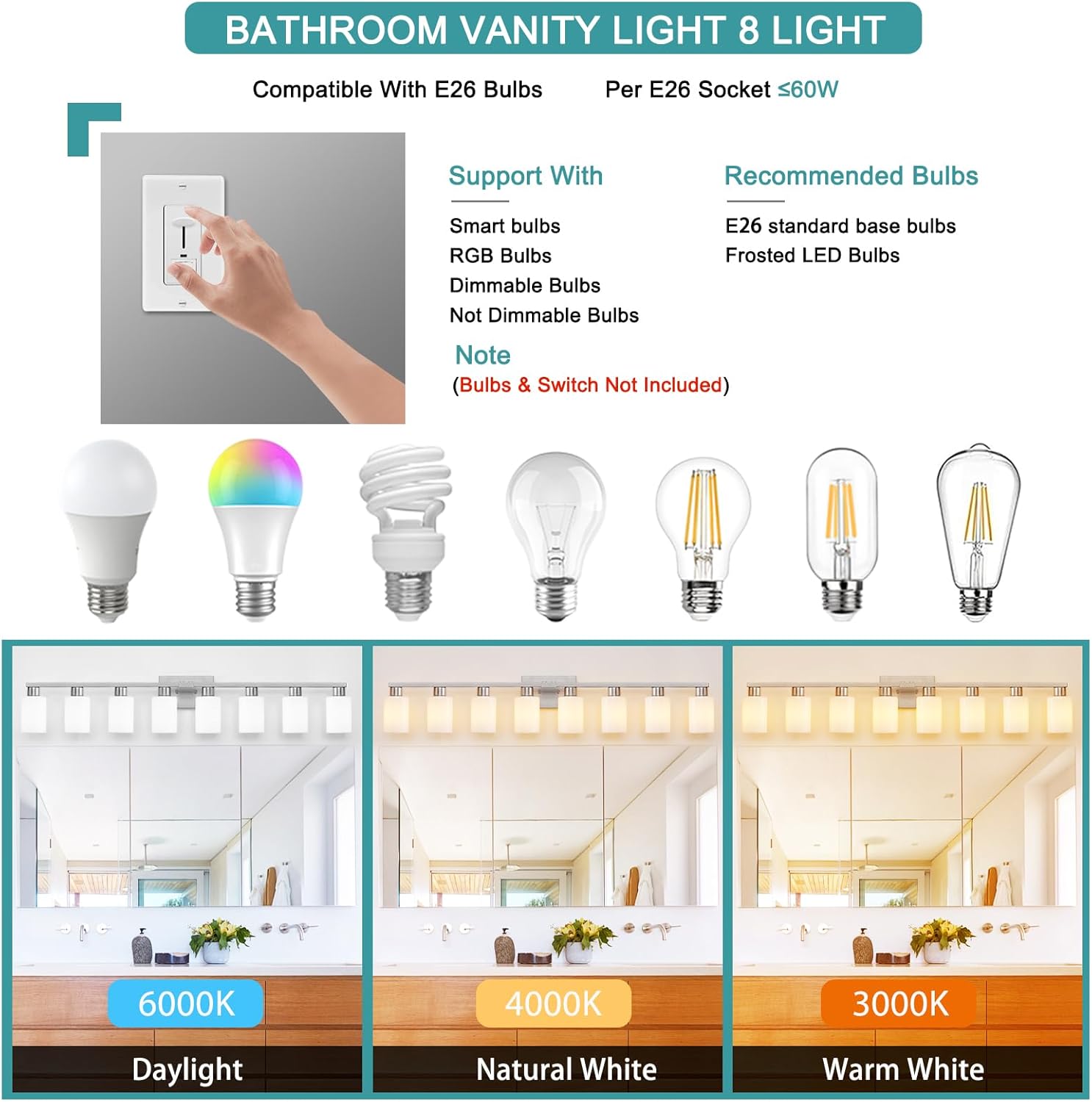 8-Light Bathroom Vanity Light Brushed Nickel Bathroom Light Fixtures 8 Light Vanity Lights for Wide Mirrors Nickel 8-Light Long Wall Sconce with Milky White Frosted Glass Shades for Bath Living Room