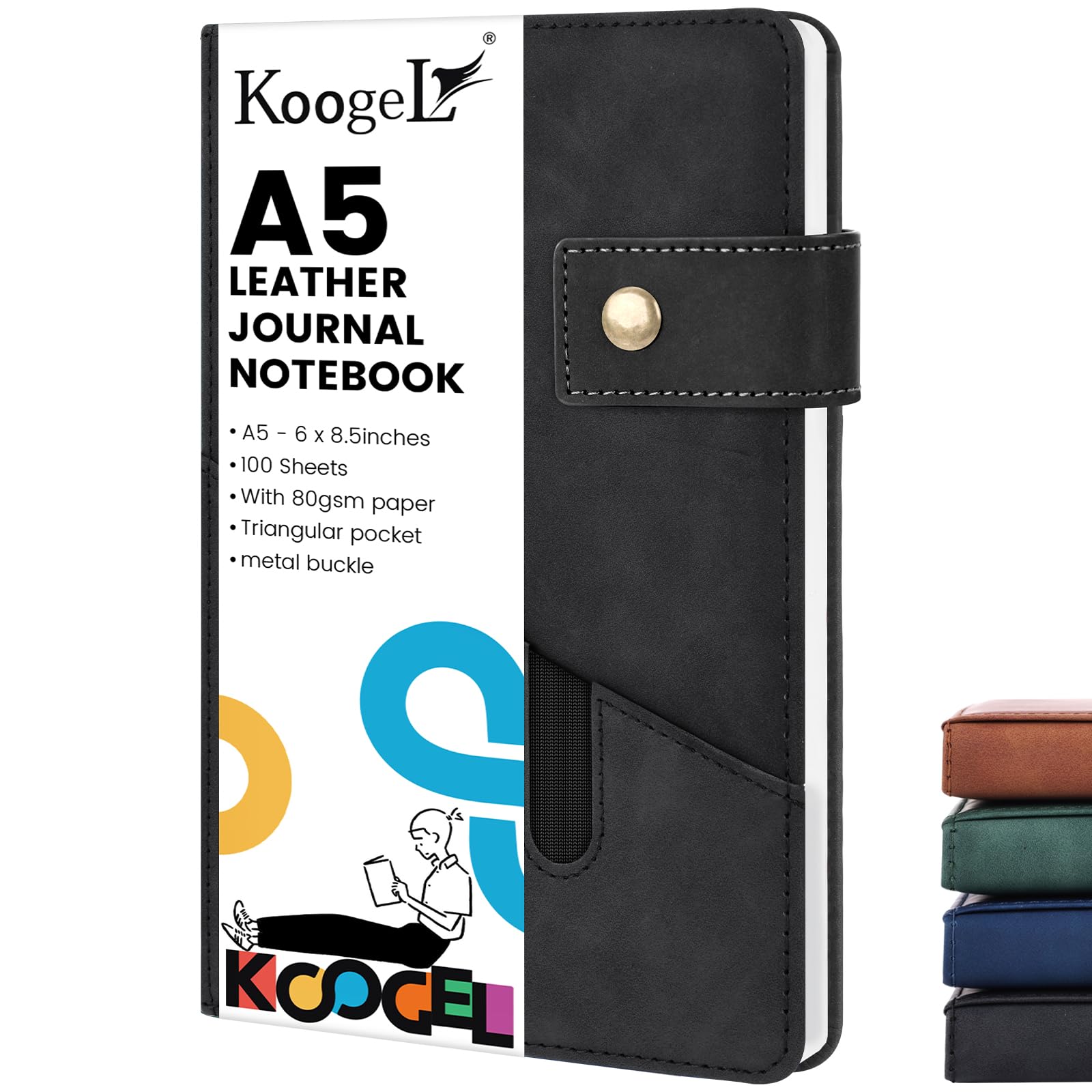 Koogel A5 Lined Journal with Buckle, Leather Hardcover Journal Notebook Ruled Executive Notebook Diary for Women Men School Travel Business 100 Sheets/200 Pages Black