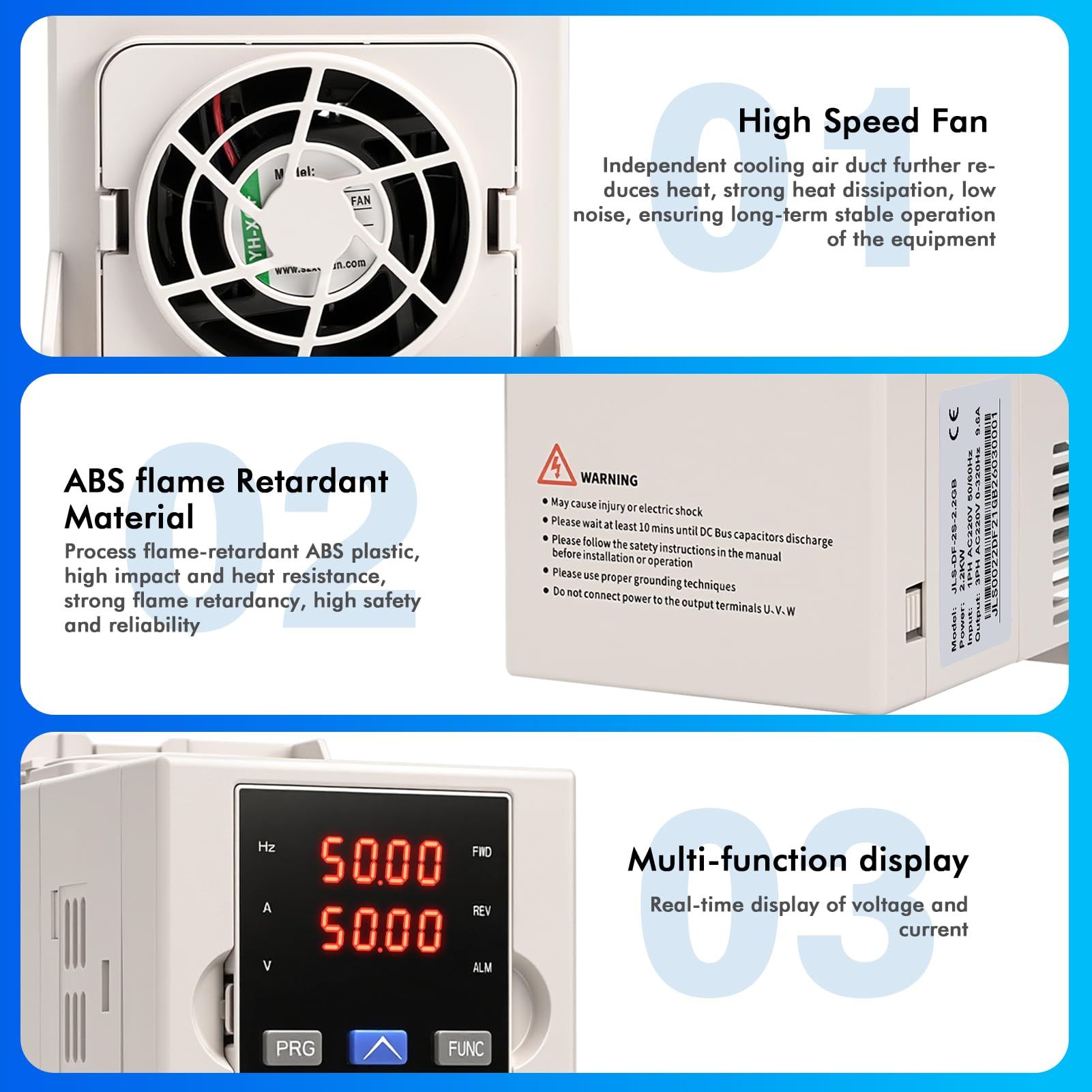 Inverter per Motori Trifase 2.2kW Variatore di Frequenza 220V Ingresso monofase Uscita trifase Inverter di Frequenza CNC Trifase Trasformatore con vassoio+cavo di prolunga da 2m JLS-DF-2S-2.2GB 2.2KW