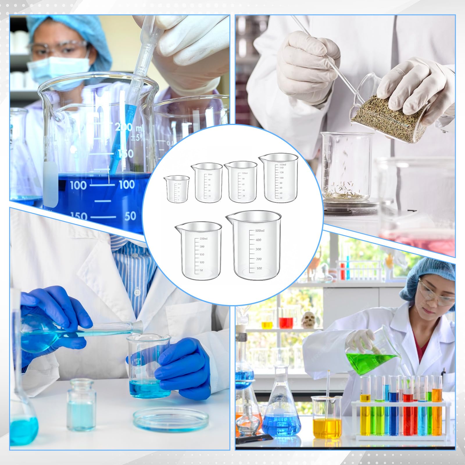 6 szt. plastikowej zlewki, 6 rozmiarów, przezroczysty kubek z miarką PP, kubek do mieszania laboratoryjnych kubków pomiarowych w 500 ml/250 ml/150 ml/100 ml/50 ml, pojemność 25 ml do