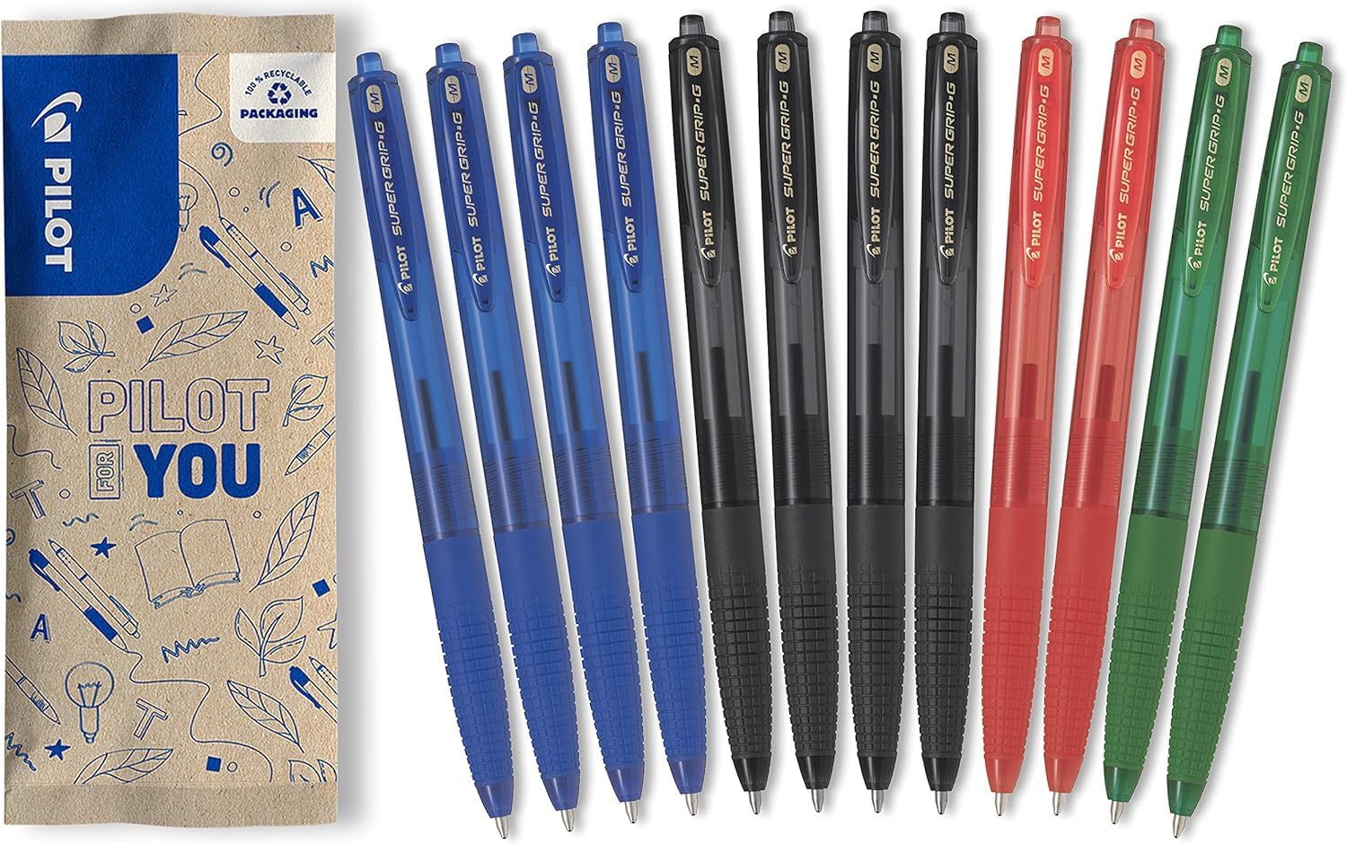 PILOT Caja de 12 Supergrip G RT - Bolígrafos PILOT con tinta recargable y empuñadura cómoda - Bolígrafo retráctil y recargable - 4 Azules, 4 Negros, 2 Rojos, 2 Verdes - Punta Media