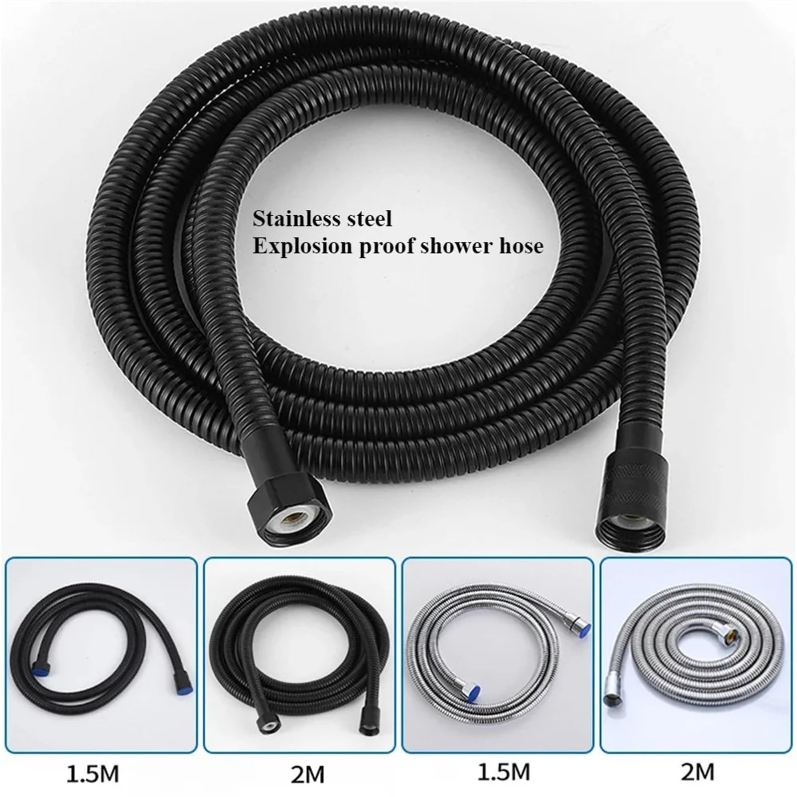 Manguera de Ducha Manguera de ducha Flexible negra/plateada 1,5/2M, extensión tubo baño largo, agua, accesorios, 2 uds(Black,1.5m)