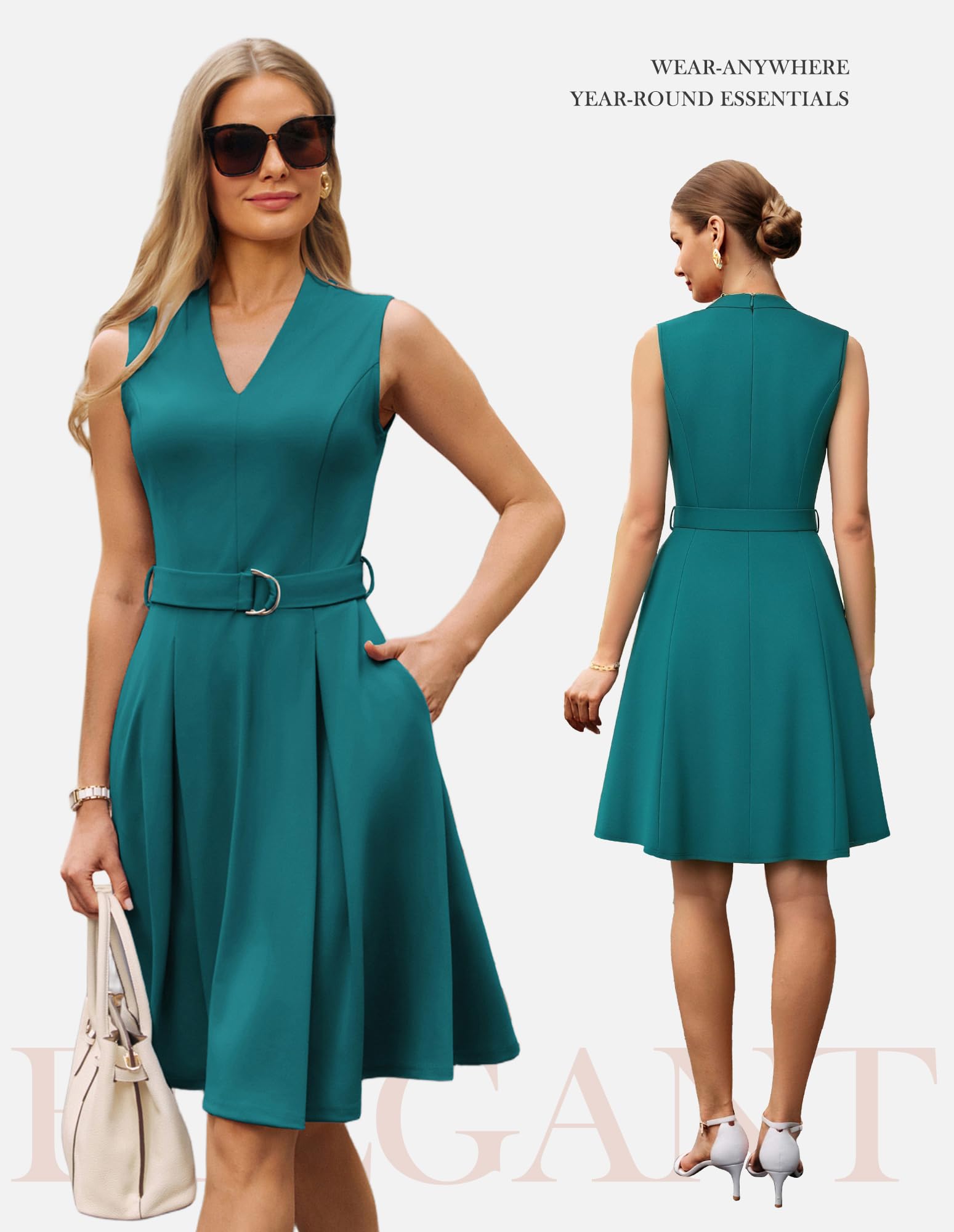 GRACE KARIN Vestido elegante sin mangas para mujer, cuello en V, con cinturón, largo hasta la rodilla
