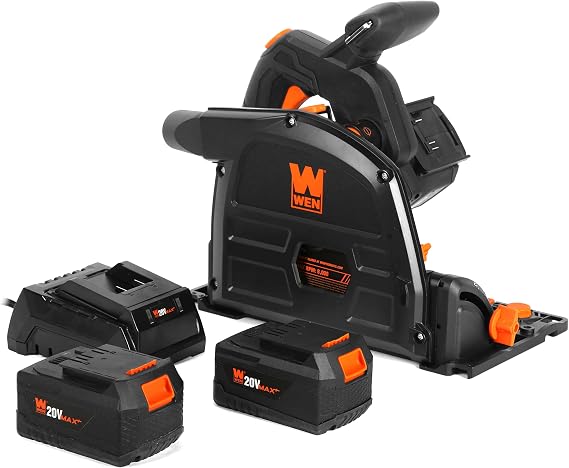 WEN Cordless 6.5-Inch Track Saw and 110-Inch Track, Brushless with Variable Speed, Two 20V Max 4.0 Ah Batteries, and Charger (20691 + CT9110)