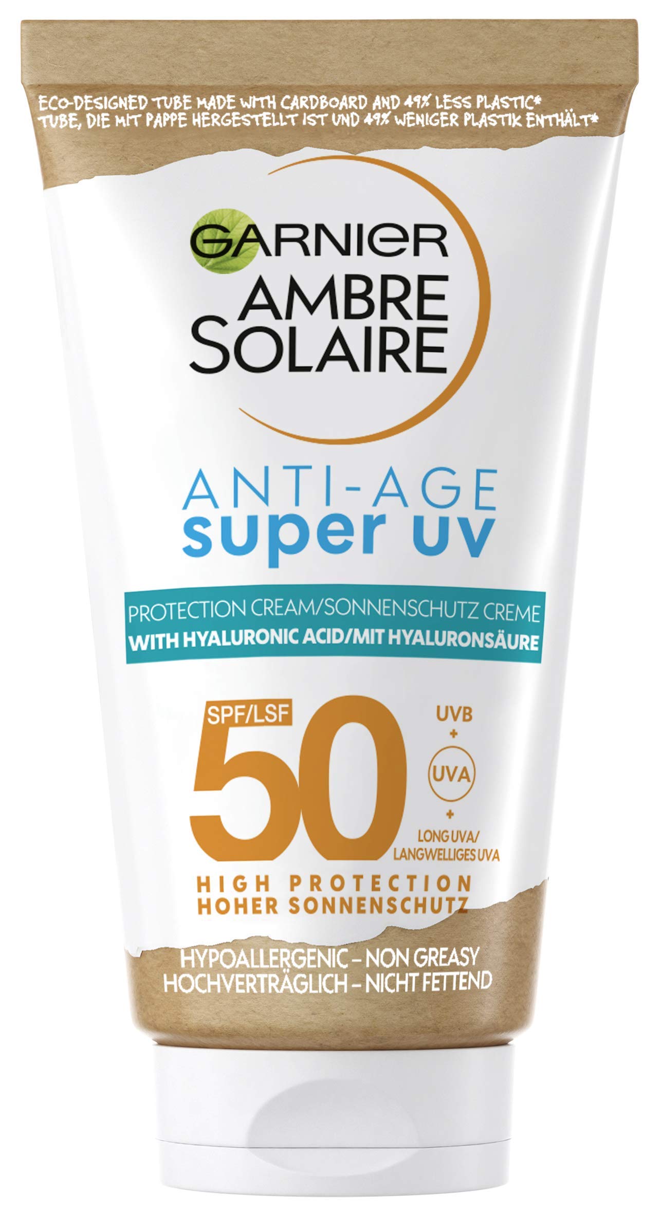 Garnier Krem przeciwsłoneczny Anti-Aging z LSF 50, ochrona przed słońcem z kwasem hialuronowym i witaminą B przeciw zmarszczkom i suchości, Ambre Solaire, 1 x 50 ml