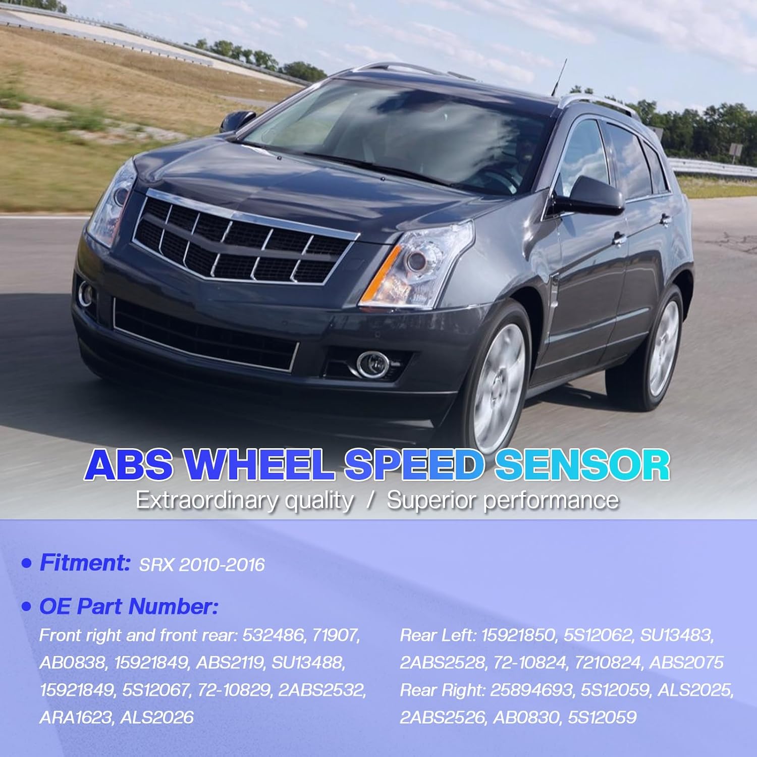 4PCS ABS Wheel Speed Sensors Front/Rear for Cadillac SRX 2010-2016, Replaces 532486/2ABS2532/15921850/25894693, High-Strength ABS/Rubber, Reduces Braking Distance, Enhances Steering Stability