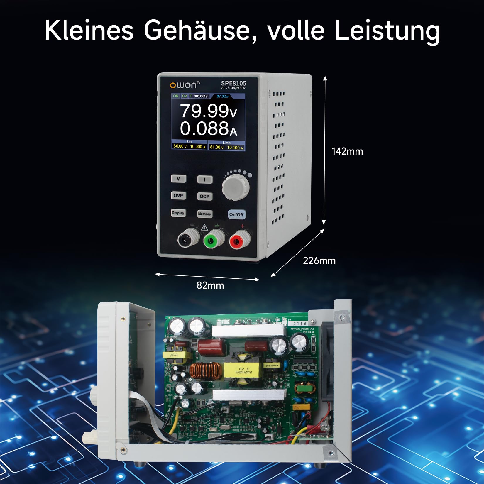 OWON Labornetzteil (0–80 V, 0–10 A), programmierbares DC-Netzteil mit max. 500 W Ausgangsleistung, 2,8-Zoll-LCD-Display und Ausgangs-Aktivierungs-/Deaktivierungstaste SPE8105