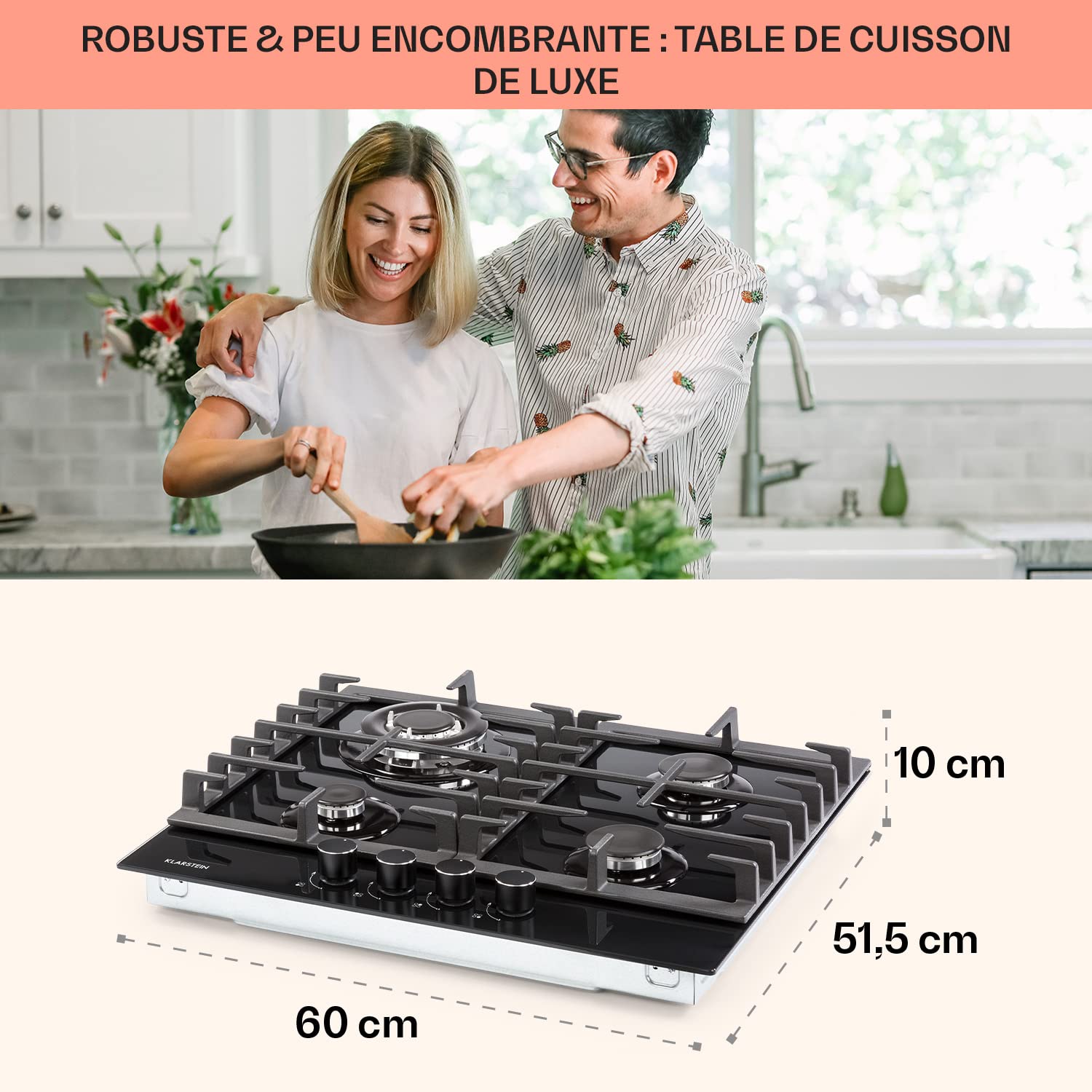 Klarstein Tables de Cuisson à Gaz, Plaque de Cuisson Gaz à 4 Brûleurs, Table de Encastrable à 4 Feux de 8100W, Cuisiniere Gaziniere avec Brûleurs en Acier Inoxydable, Cuisinières GP
