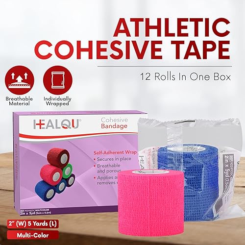 Miniatura 2 de HEALQU Vendaje autoadhesivo  12 rollos de cinta cohesiva de 2 pulgadas x 5 yardas para atletismo y deportes  Cinta médica autoadherente, vendajes