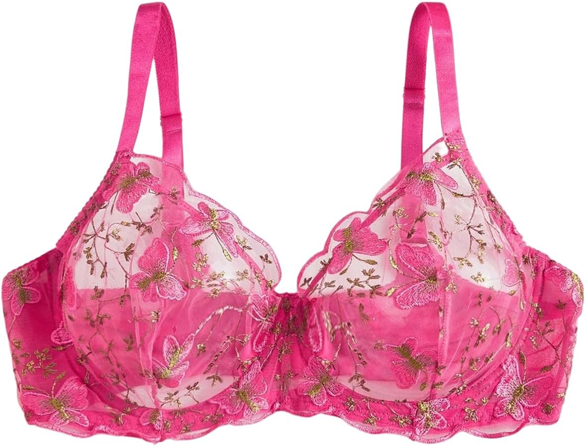 OYOANGLE Women's Plus Size Butterfly Lace Sheer Underwire Bra See Through Mesh Unlined Bras