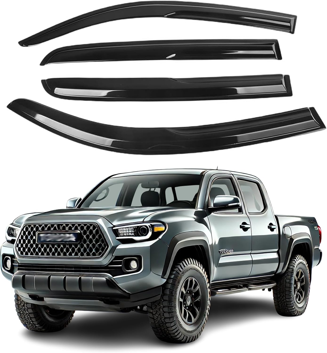 Fits for Toyota Tacoma Double Cab 2016 2017 2018 2019 2020 2021 2022 2023; Premier 2mm-Thick, Safe Sun, Rain, Wind Deflector, Front & Rear Window Vent Visors, Tape-On Outside-Mount,4-Pieces