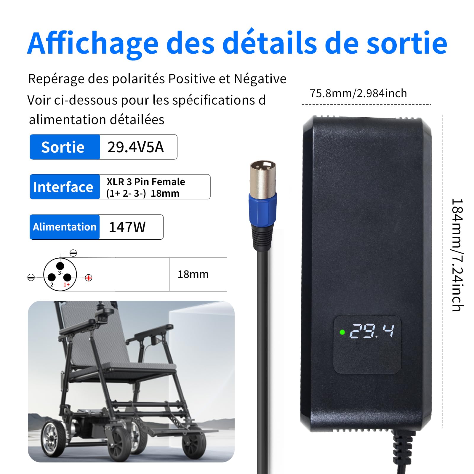 Cargador 29,4 V 5 A XLR para batería de iones de litio de 24 V – Silla de ruedas y Scooter de movilidad con pantalla LED