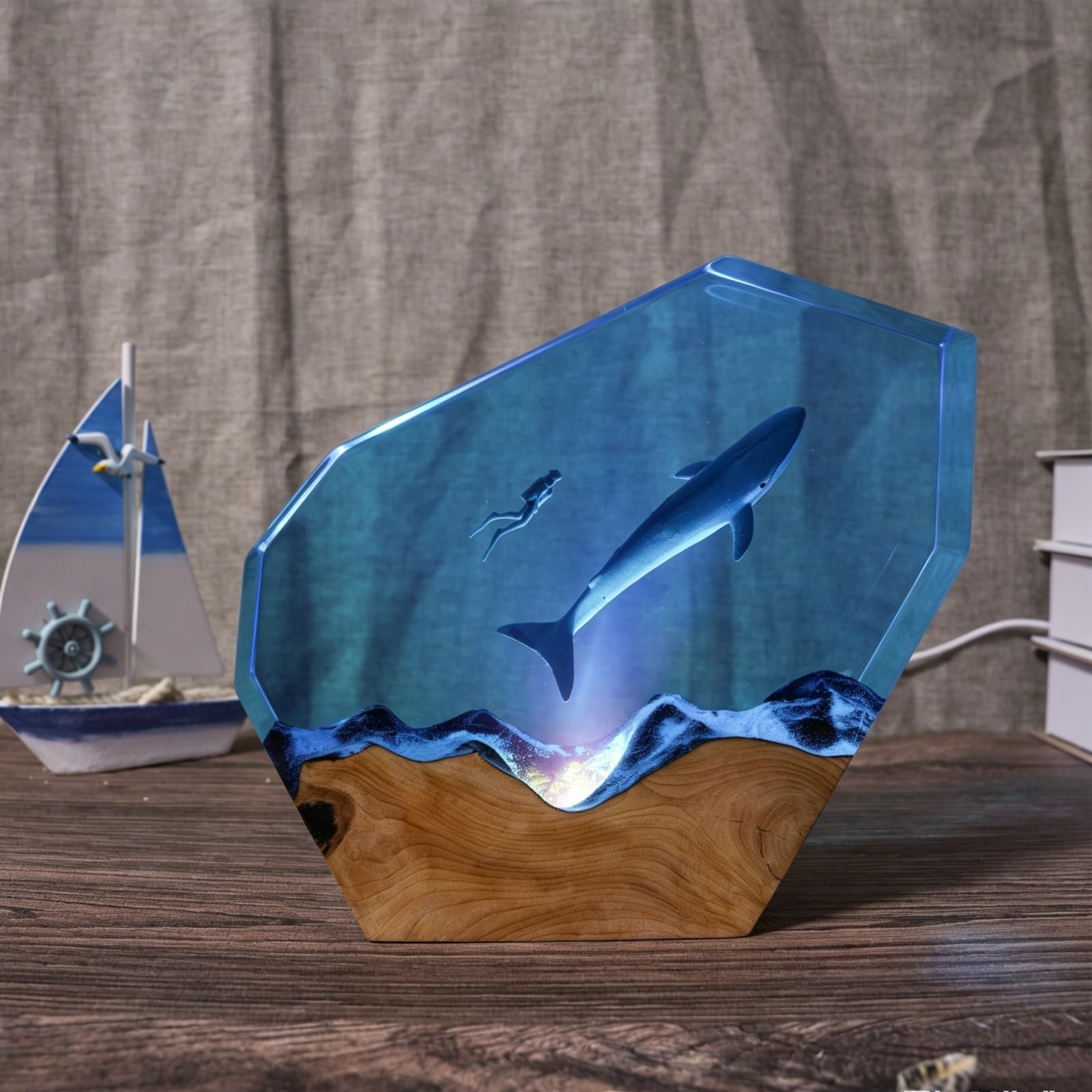 FGJtguE Woods lamp, with Multiple Marine Themes,Handcrafted Epoxy Wood Night Light for Desk Decor,Birthday Lovers(O)