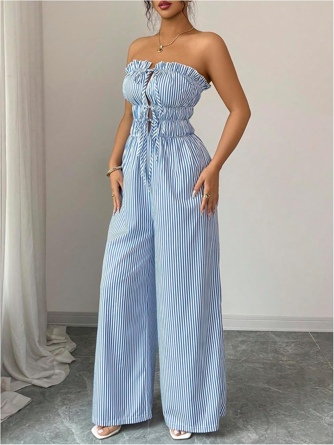 SOLY HUX Women's Striped Strapless Wide Leg Jumpsuit Bow Tie Front Sleeveless Baggy Long Pants Romper - Image 3