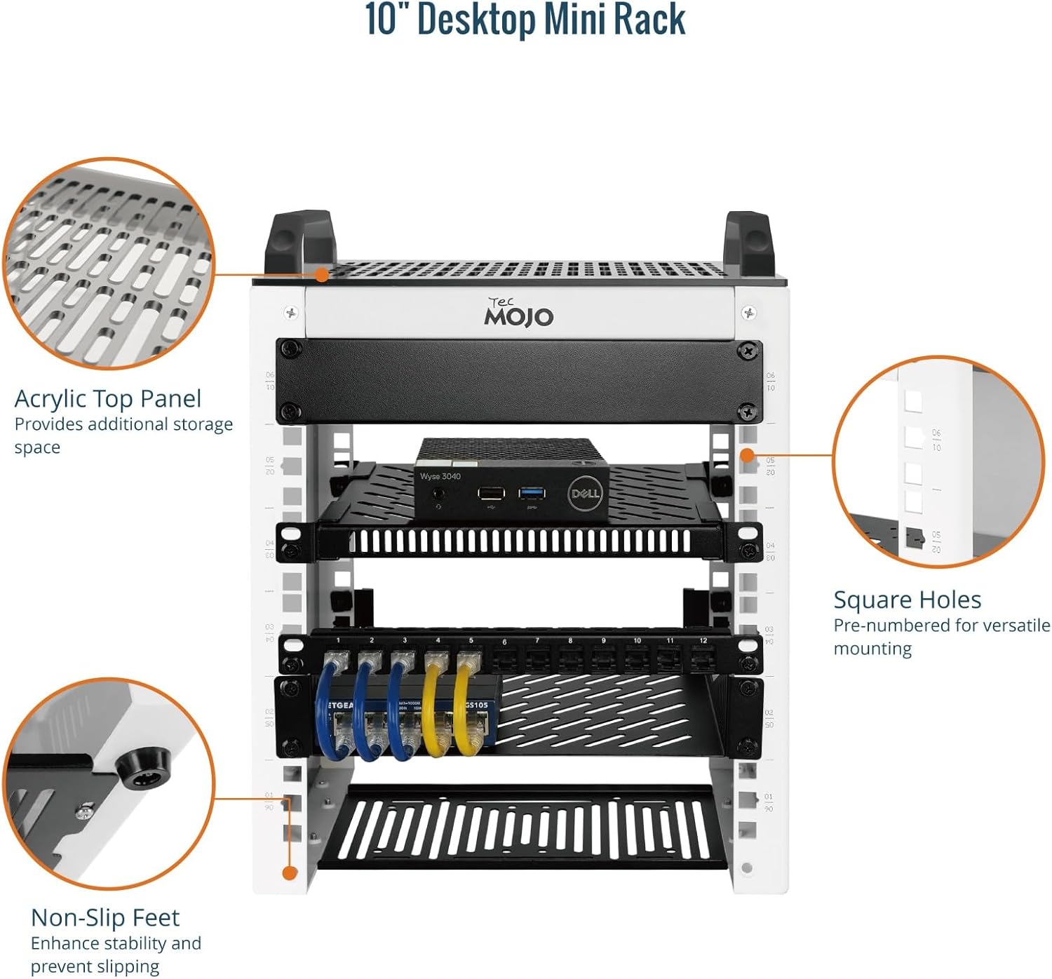 Tecmojo Mini Rack features: Acrylic Top Panel, Non-Slip Feet, Square Holes