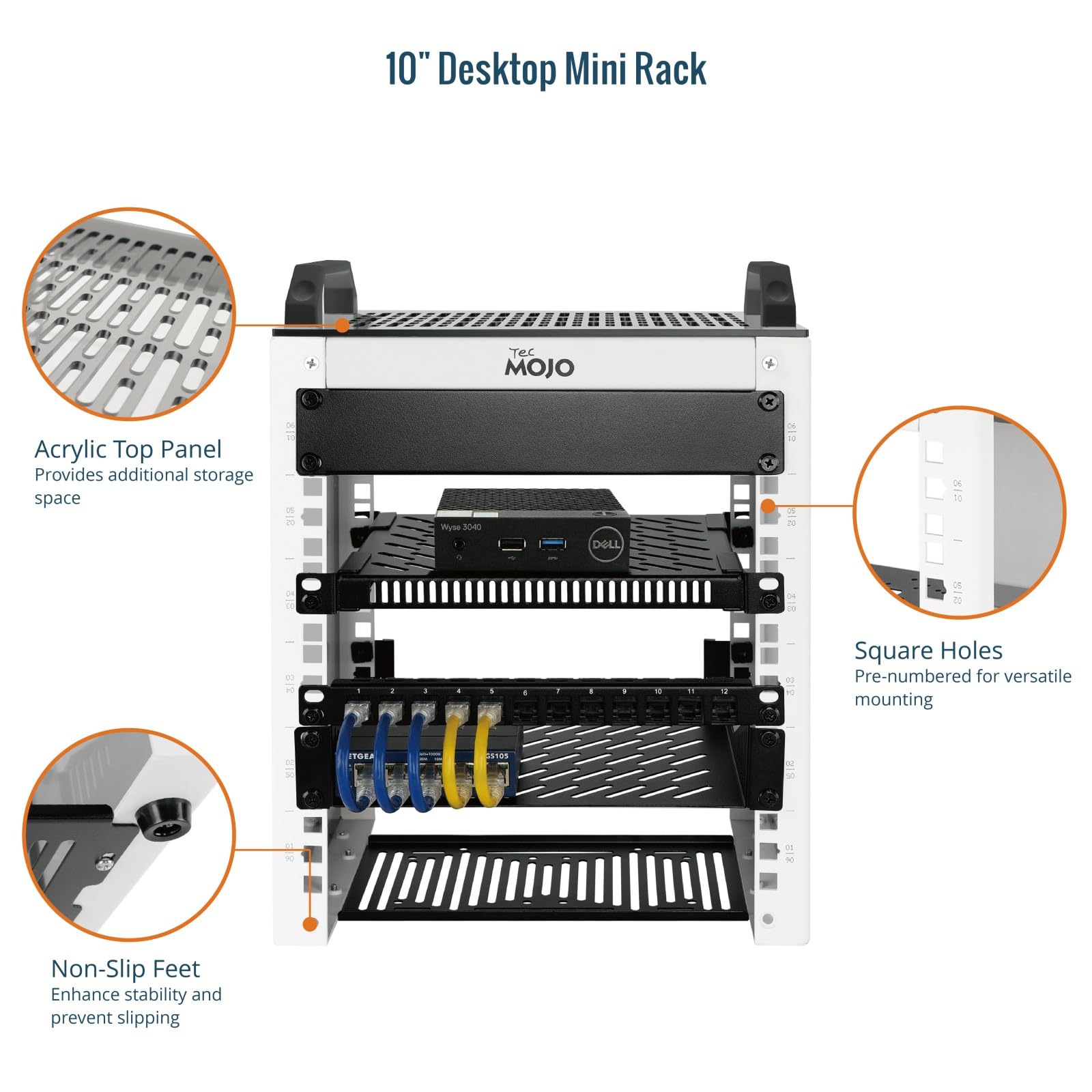 Tecmojo 10-Zoll Desktop-Mini-Rack, 6HE, 200 mm Tief, Netzwerk-Schrank mit SBC-Einschub, Micro-HDMI-zu-HDMI-Adapterplatine und Blindabdeckung, für 10-Zoll-AV-, NAS- und Servergeräte