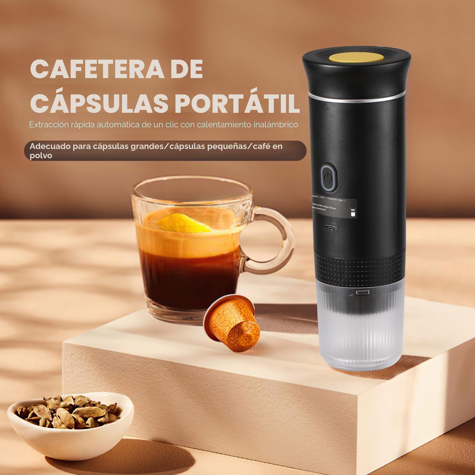 Máquina de café portátil expreso, calefacción eléctrica de viaje para 12 V coche y camping, cápsulas para cafetera