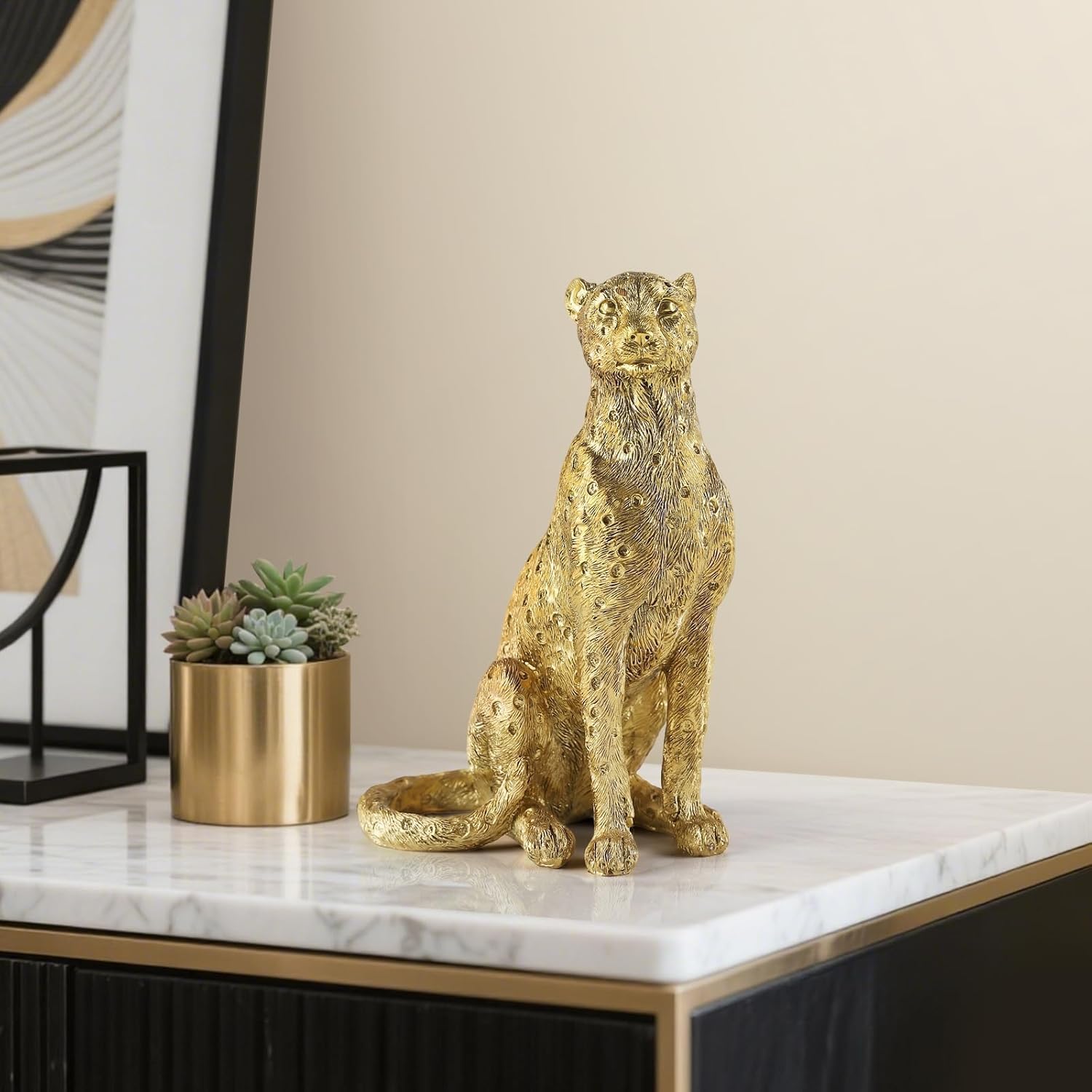 Cheetah Statue for Home Decor, 8" Resin Sitting Leopard Sculpture, Gold Desktop Decoration for Living Room, Dining Room, Office,Shelves, Coffee Table, Tv Stand or Entry Way