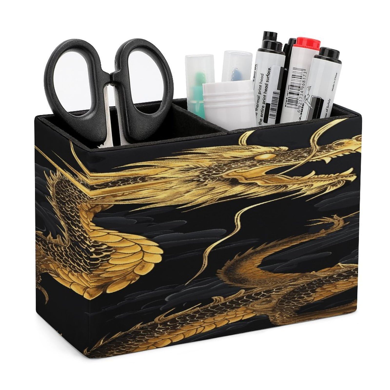 LDGSUPH Yellow Dragon Black Background Leather Pen Holder for Desk Organizer Caddy Large Pencil Cup Multi-function Pencil Holder Makeup Brush Holders Pen Organizer for Home Office Storage Box