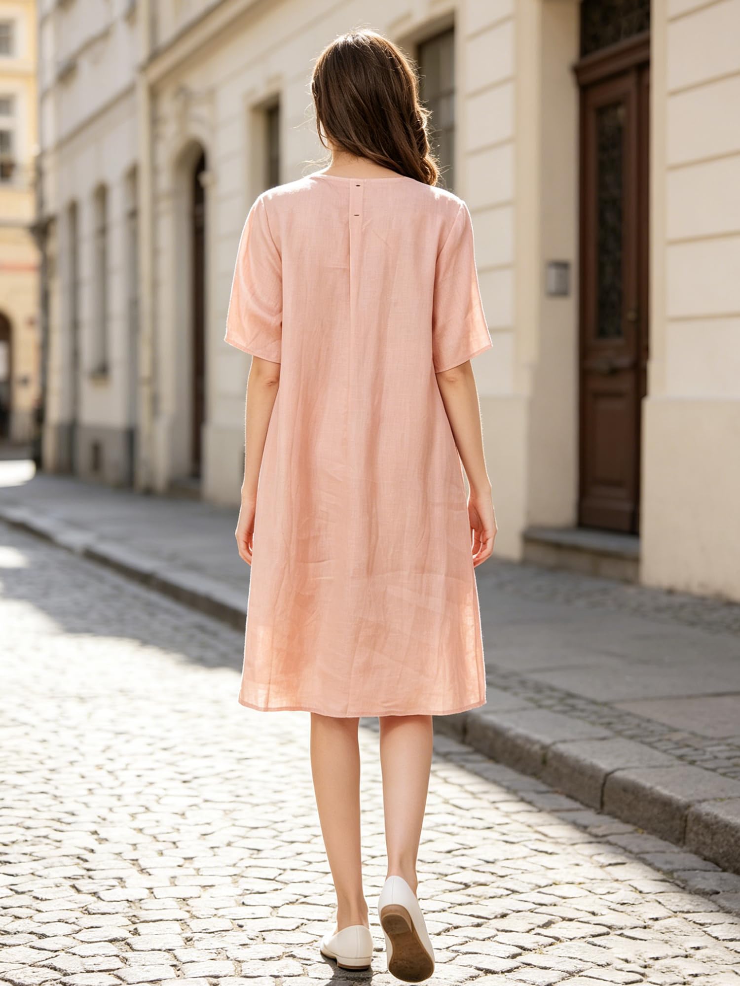 FTCayanz Donna Vestiti Estivi Scollo V Manica Corta Sciolto Casual Vestito Dress in Lino