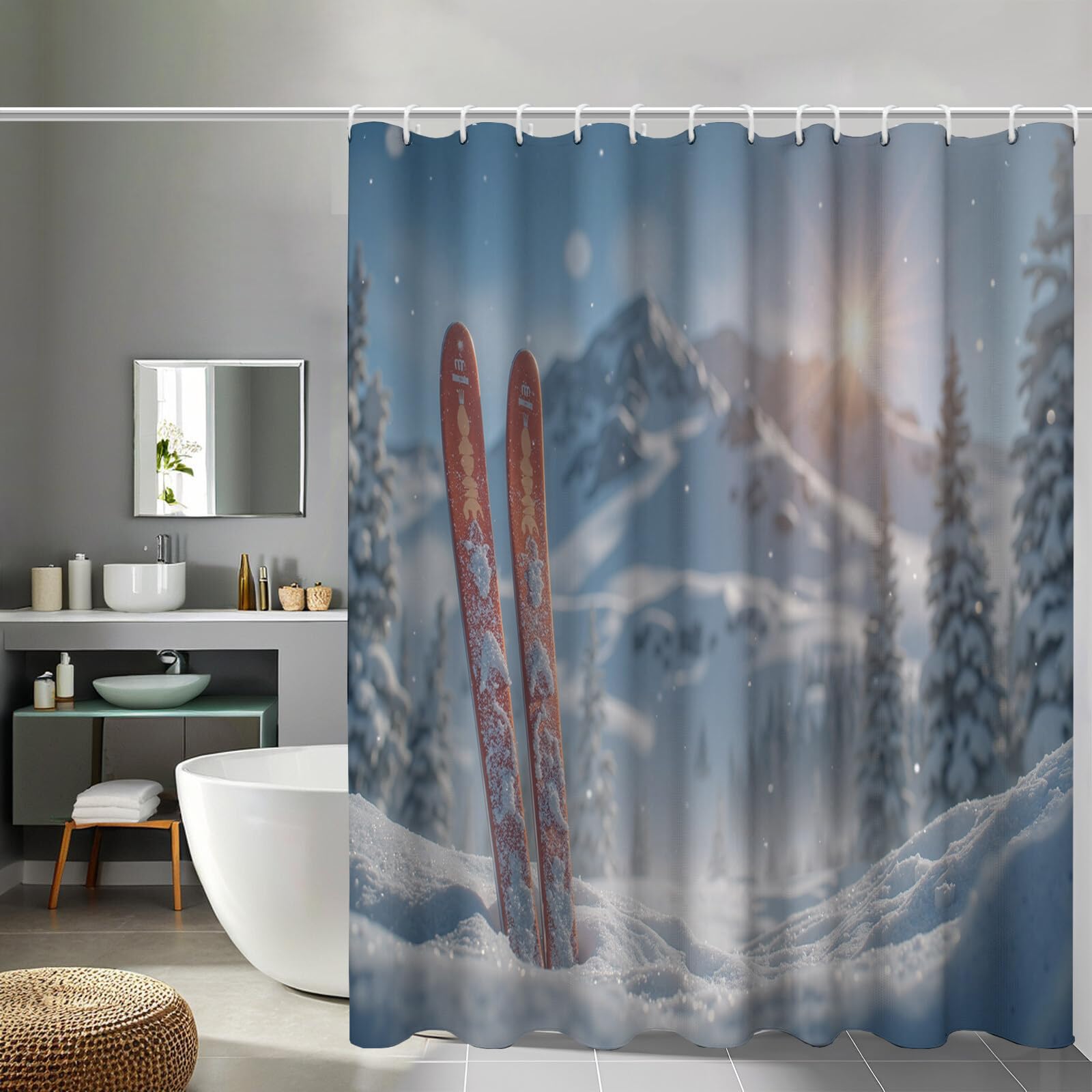 Rideau Douche,Rideau Baignoire Lavable en Machine Rideaux Douche Tissus Lavable Rideau De Baignoire Lavable pour Salle De Bain Domicile Baignoire Famille,Champ De Neige De Montagne,