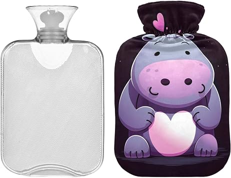 Cute Little Hippo Hot Water Bottle with Cover, Hot Pack for Neck and Shoulder Pain Relief, PVC Hand Feet Warmer 1L