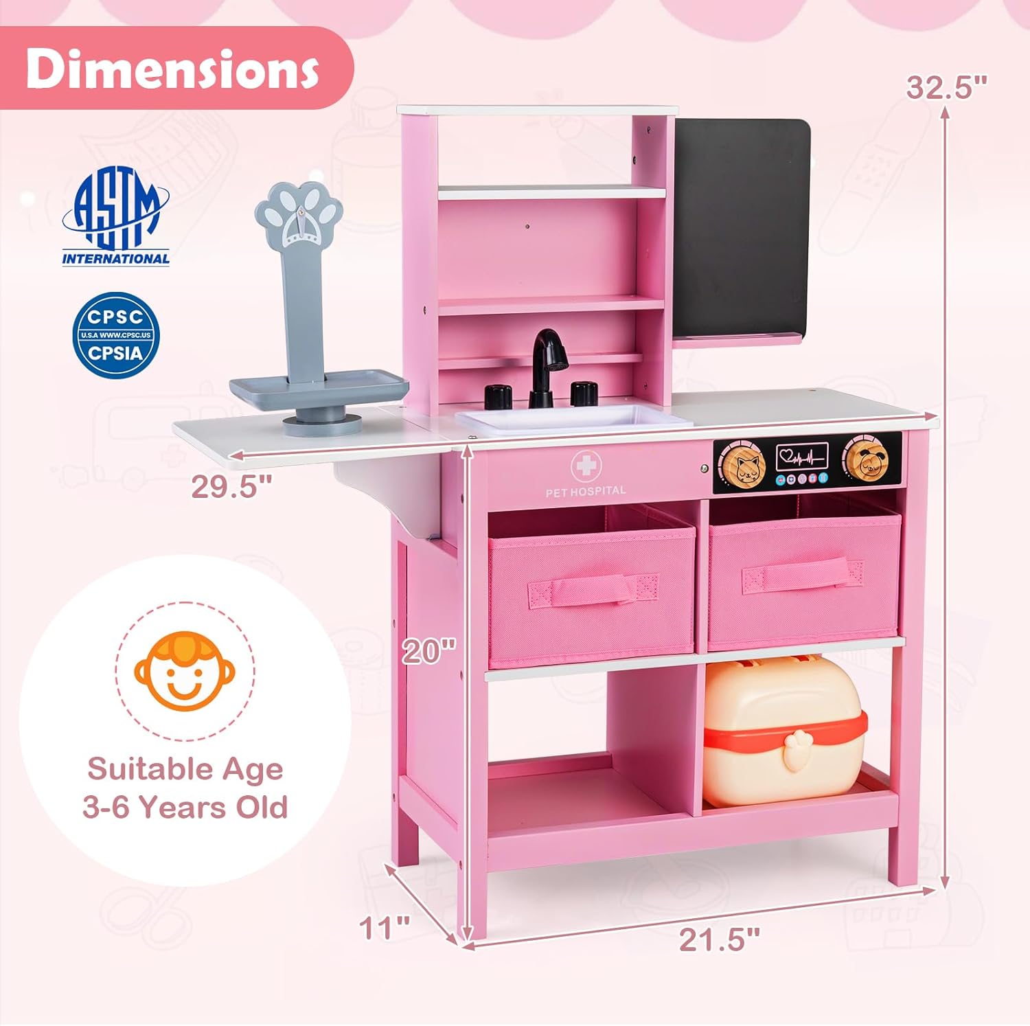Costzon Kids Wooden Doctor Playset, Medical Activity Center Toy Set w/Blackboard, Pet Scale, Faucet, Sink, Folding Tabletop, Drawers, Carrying Case, Pretend Hospital Playset for Boys Girls 3+ (Pink)
