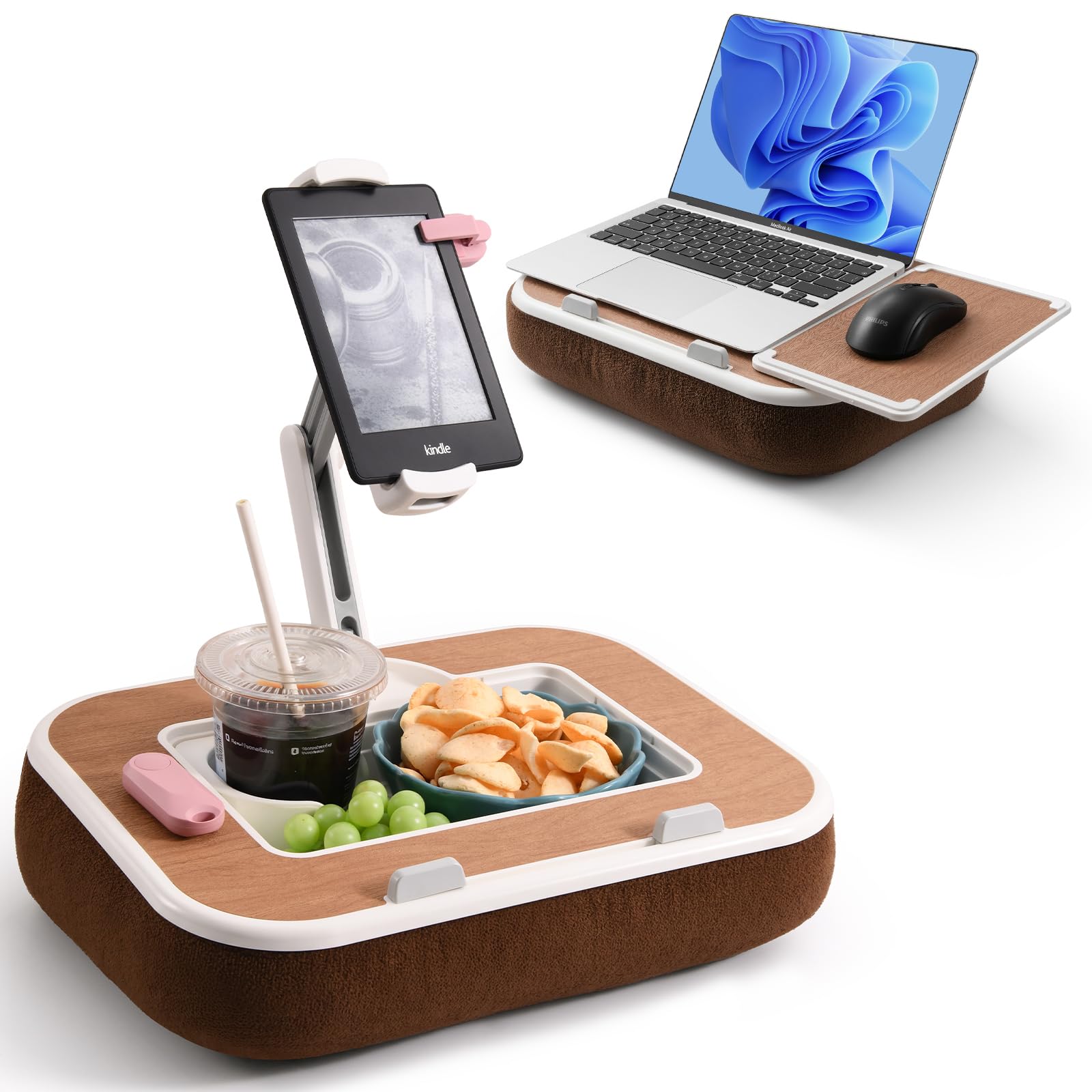 Soporte de cojín para tablet con bandeja para aperitivos y pizarra de escritura, soporte giratorio de 360 grados para teléfonos inteligentes de 4,7 a 13 pulgadas, tabletas Kindle, soporte de cojín