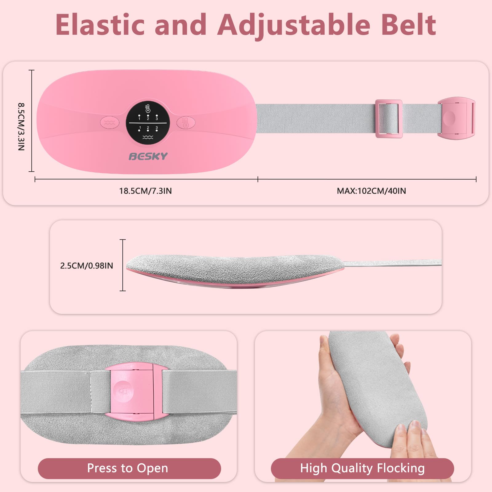 Besky Almohadilla térmica para calambres menstruales, almohadilla térmica menstrual inalámbrica, almohadillas térmicas con 3 niveles de calor y 3 modos de masaje, para aliviar el dolor de espalda o