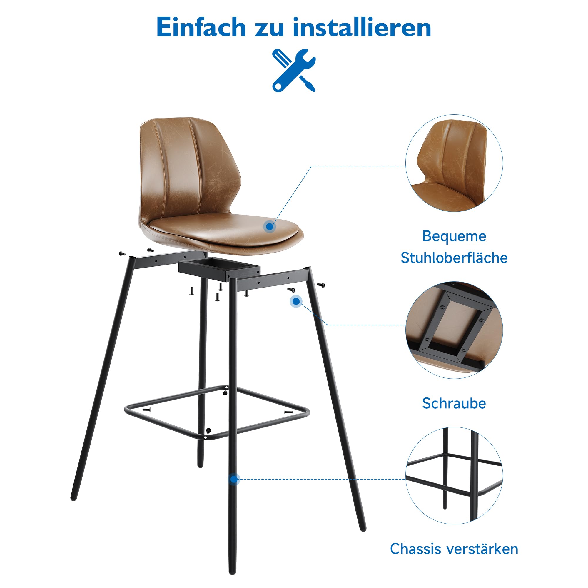 SONNI Barhocker 2er Set, Barstühle, Küchenstühle mit Rückenlehne und Fußstütze, robuster Metallrahmen, gemütliche PU weiche Sitzfläche, für Bar, Küche, Esszimmer, Sitzhöhe 102 cm, Braun