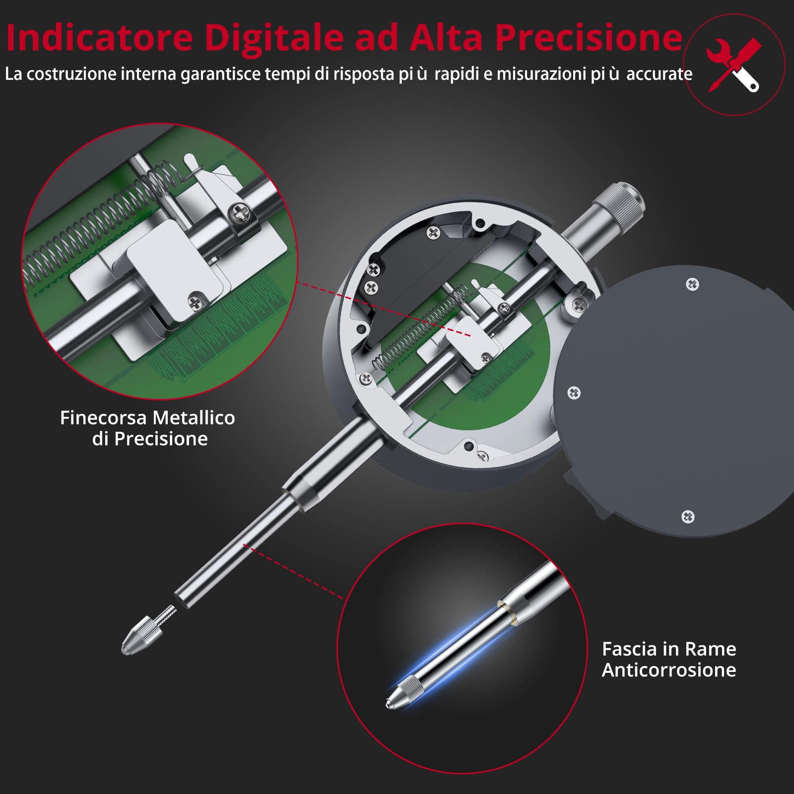 XUNTOP Comparatore Centesimale Digitale 0-25.4mm/1" Supporta Commutazione mm/pollice Indicatore Digitale DTI con Sonda Digitale 25.4mm Misuratore Digital Precisione 0.01mm per Stampanti 3D, Tornio