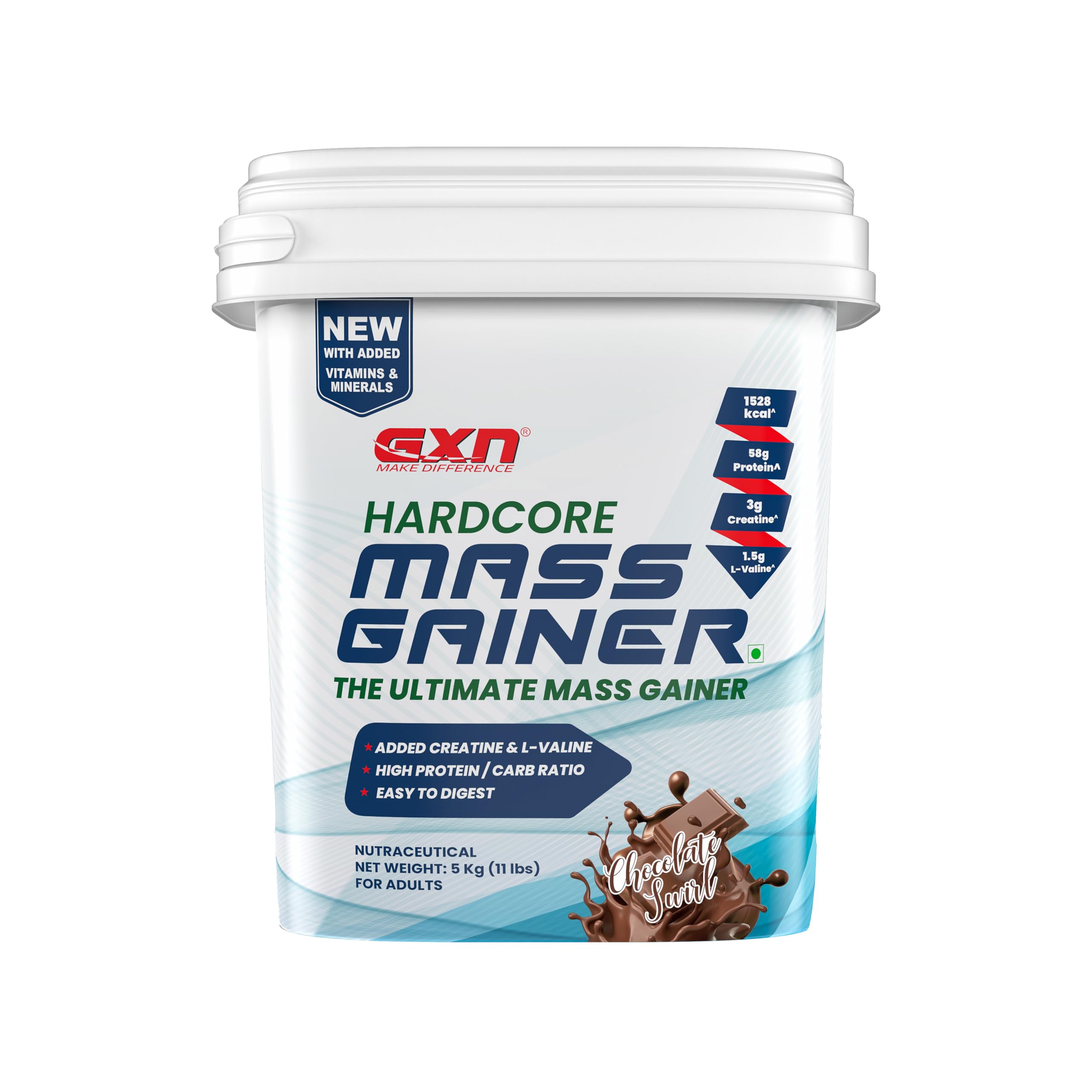 Hardcore Mass Gainer 5 kg | With Vitamins & Minerals | Chocolate Swirl | Added Creatine & Digestive Enzymes | 67 Servings
