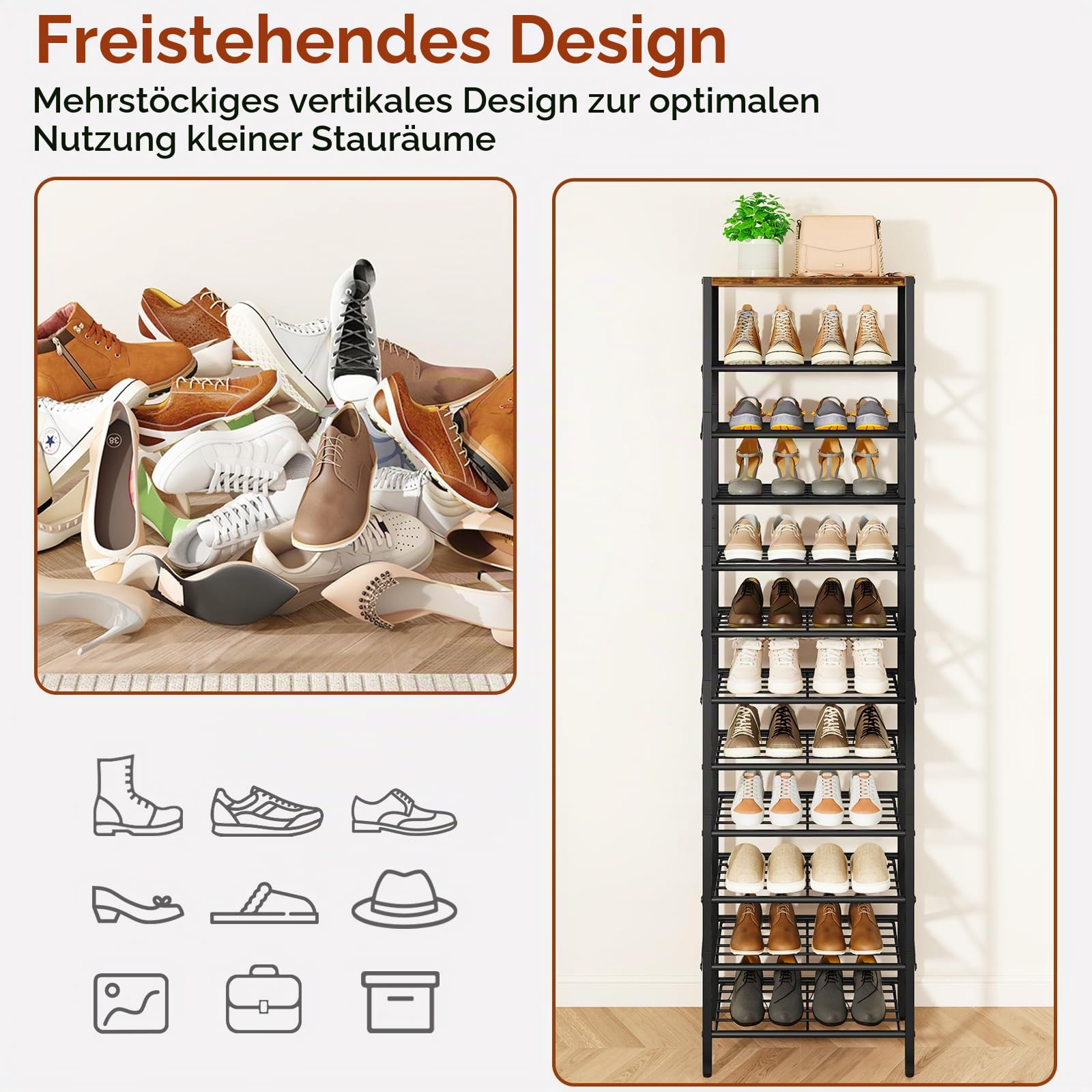 IBUYKE Schmal Schuhregal mit 12 Etagen, Vertikales Hohe Schuhregal mit Ablage für 24 Paar Schuhe, Platzsparend Metall Schuhablage für Eingang Flur Wohnzimmer, Rustikale Braun und Schwarz TXJ012H